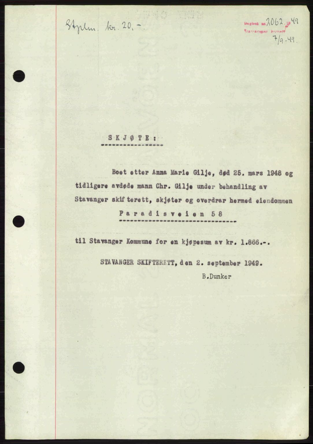 Stavanger byrett, SAST/A-100455/002/G/Gb/L0023: Mortgage book no. A12, 1948-1949, Diary no: : 2062/1949