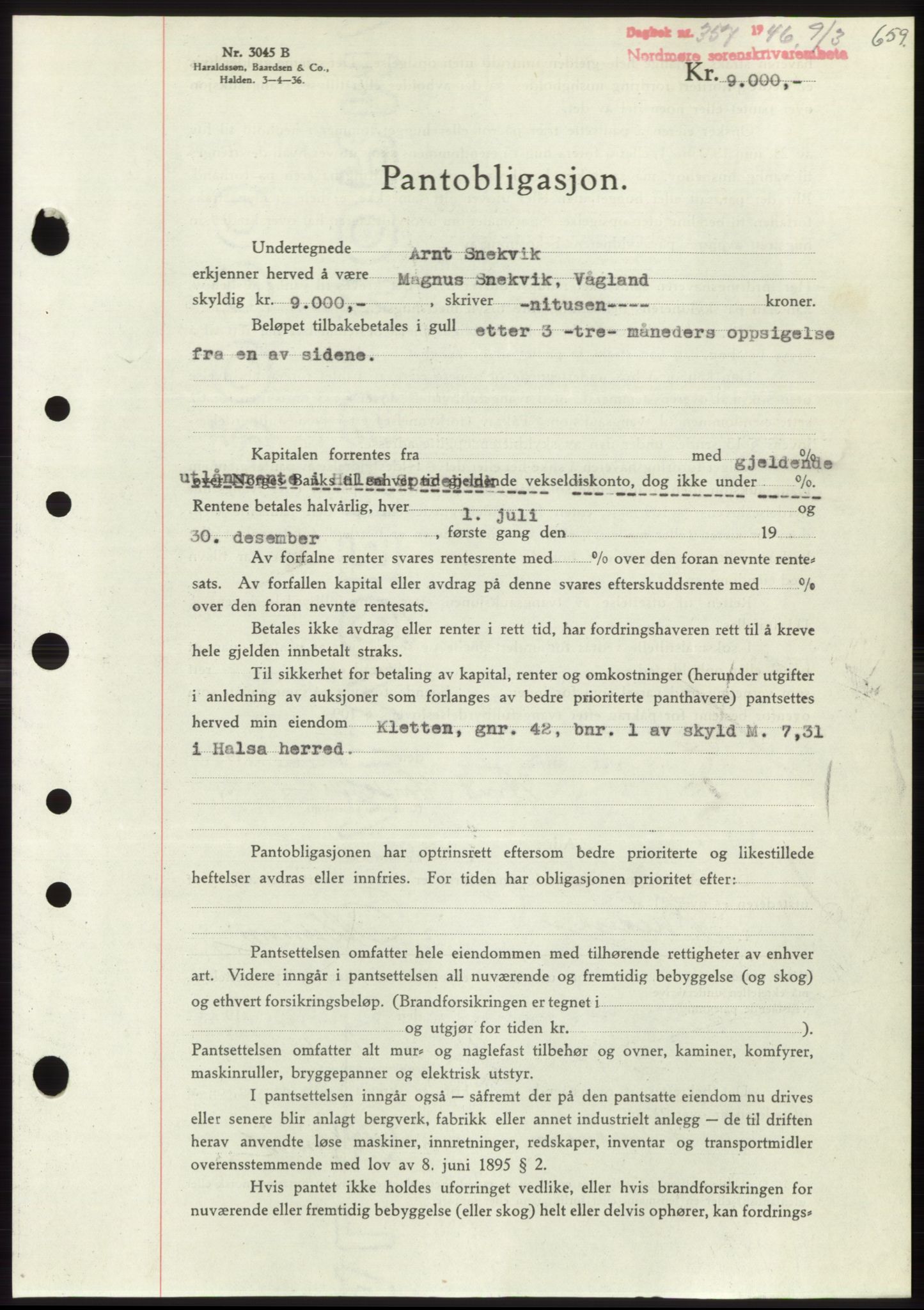 Nordmøre sorenskriveri, AV/SAT-A-4132/1/2/2Ca: Mortgage book no. B93b, 1946-1946, Diary no: : 357/1946