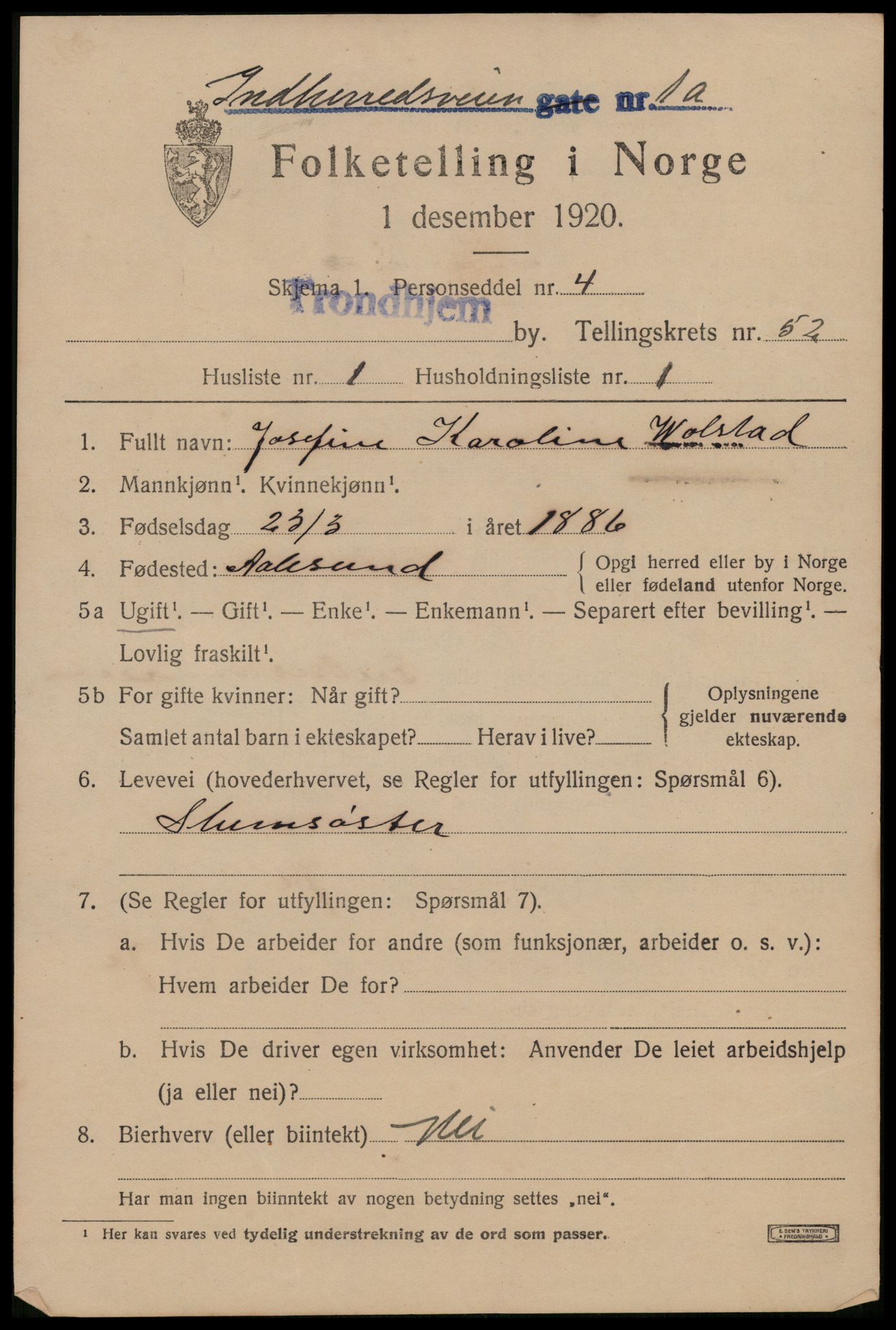 SAT, 1920 census for Trondheim, 1920, p. 106506