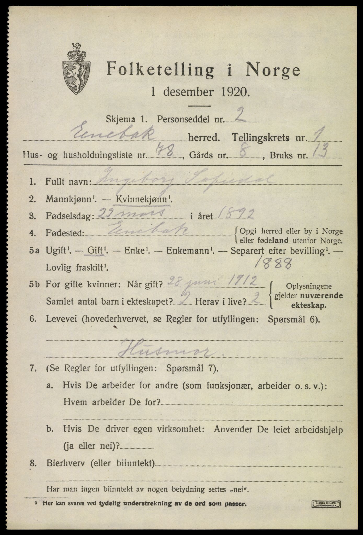 SAO, 1920 census for Enebakk, 1920, p. 2029