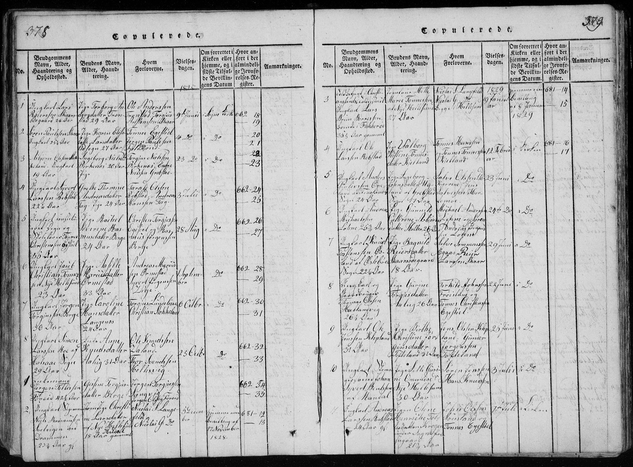 Søgne sokneprestkontor, SAK/1111-0037/F/Fb/Fbb/L0002: Parish register (copy) no. B 2, 1821-1838, p. 378-379