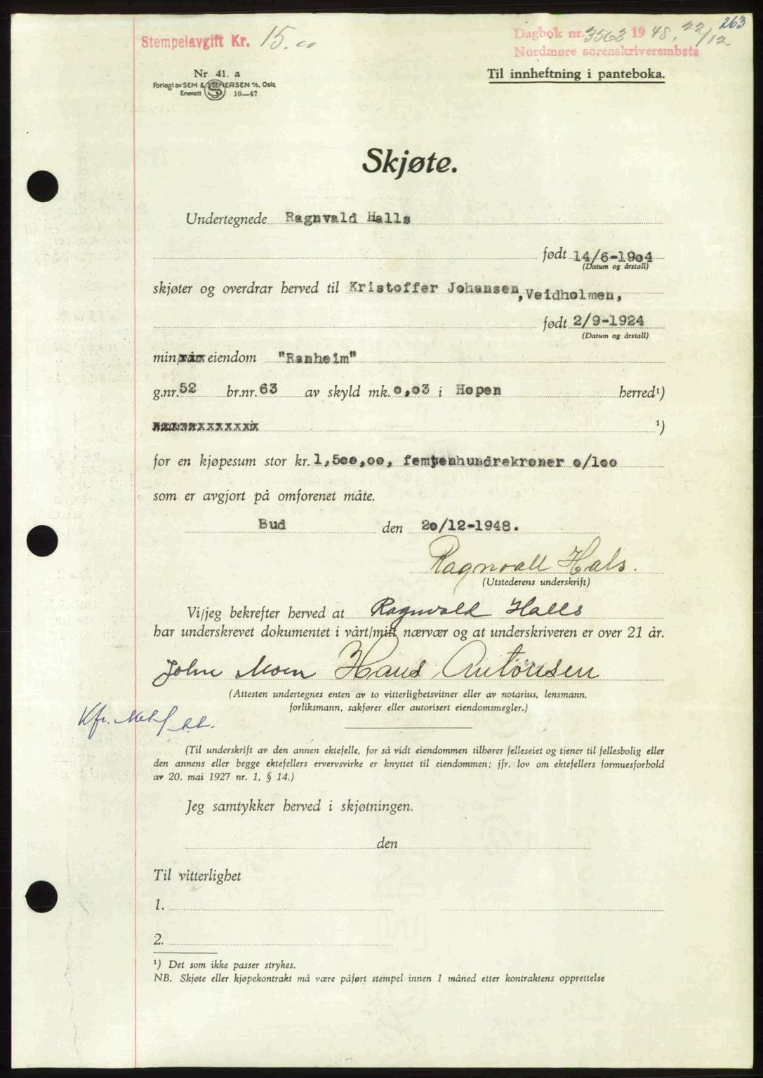 Nordmøre sorenskriveri, AV/SAT-A-4132/1/2/2Ca: Mortgage book no. A110, 1948-1949, Diary no: : 3563/1948