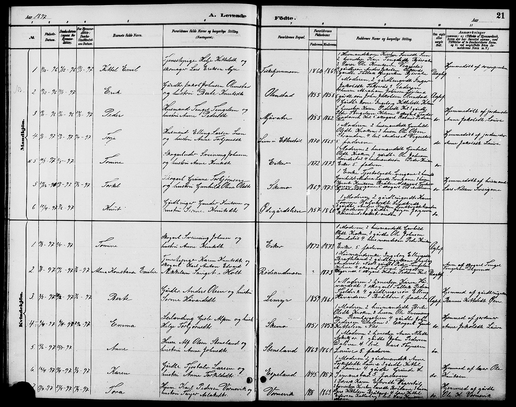 Gjerstad sokneprestkontor, SAK/1111-0014/F/Fb/Fbb/L0004: Parish register (copy) no. B 4, 1890-1910, p. 21