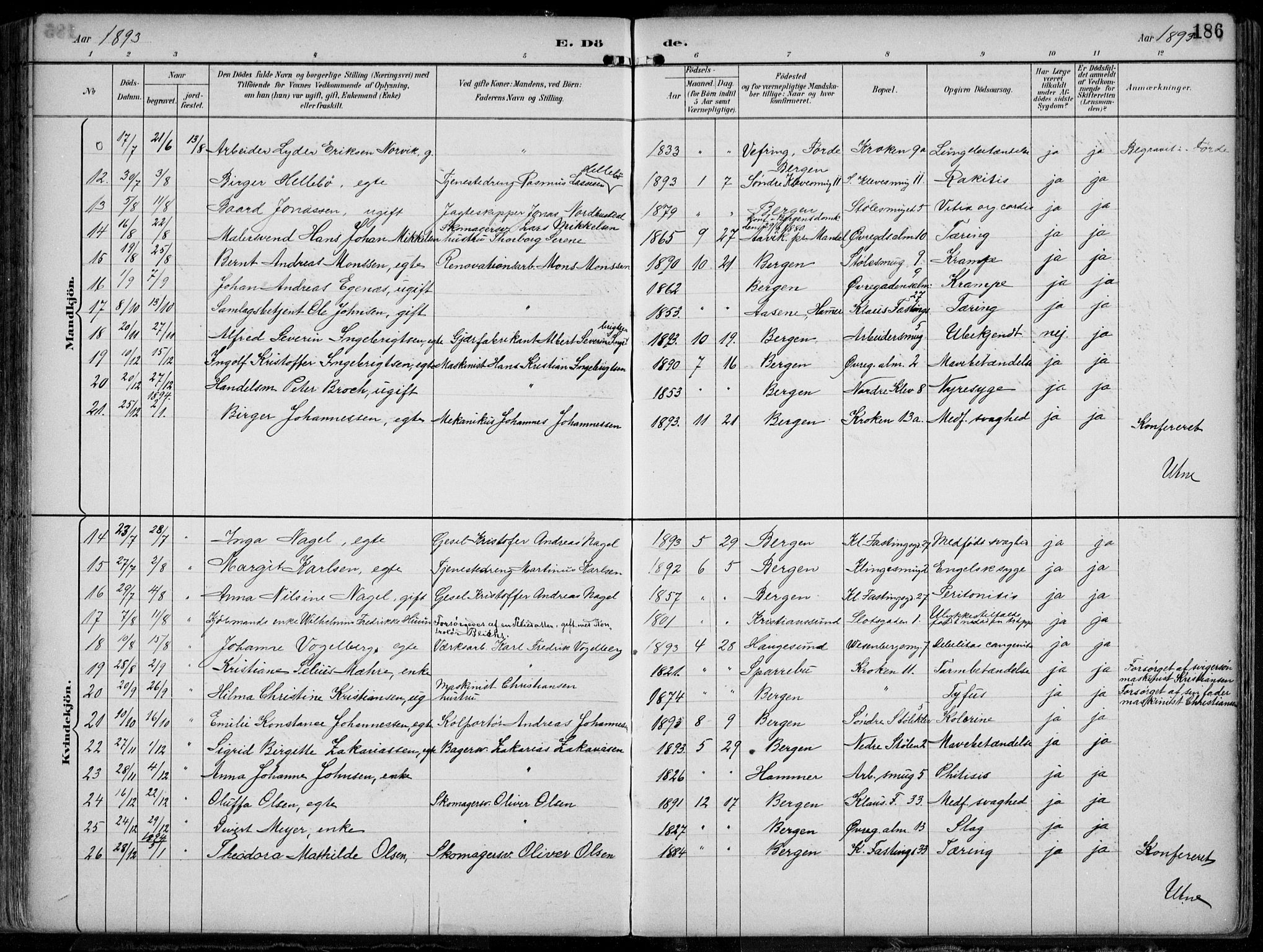 Mariakirken Sokneprestembete, AV/SAB-A-76901/H/Hab/L0005: Parish register (copy) no. A 5, 1893-1913, p. 186