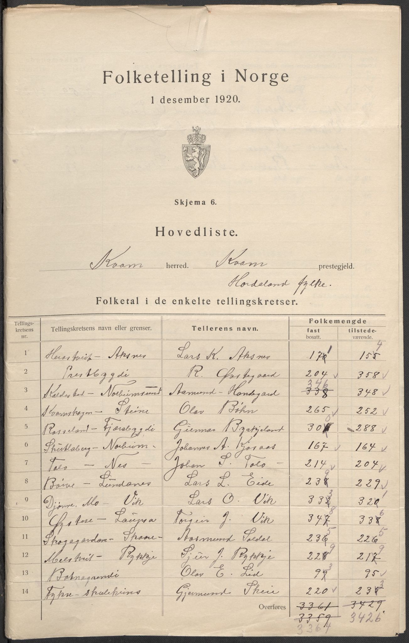 SAB, 1920 census for Kvam, 1920, p. 4