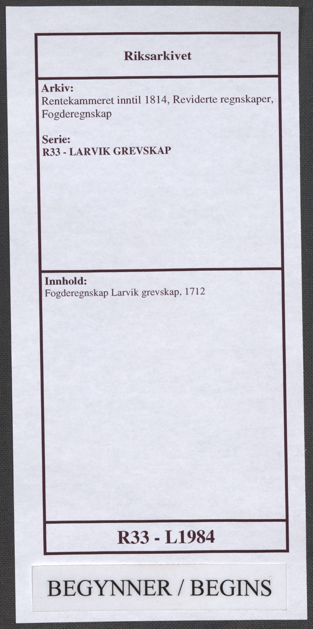 Rentekammeret inntil 1814, Reviderte regnskaper, Fogderegnskap, AV/RA-EA-4092/R33/L1984: Fogderegnskap Larvik grevskap, 1712, p. 1