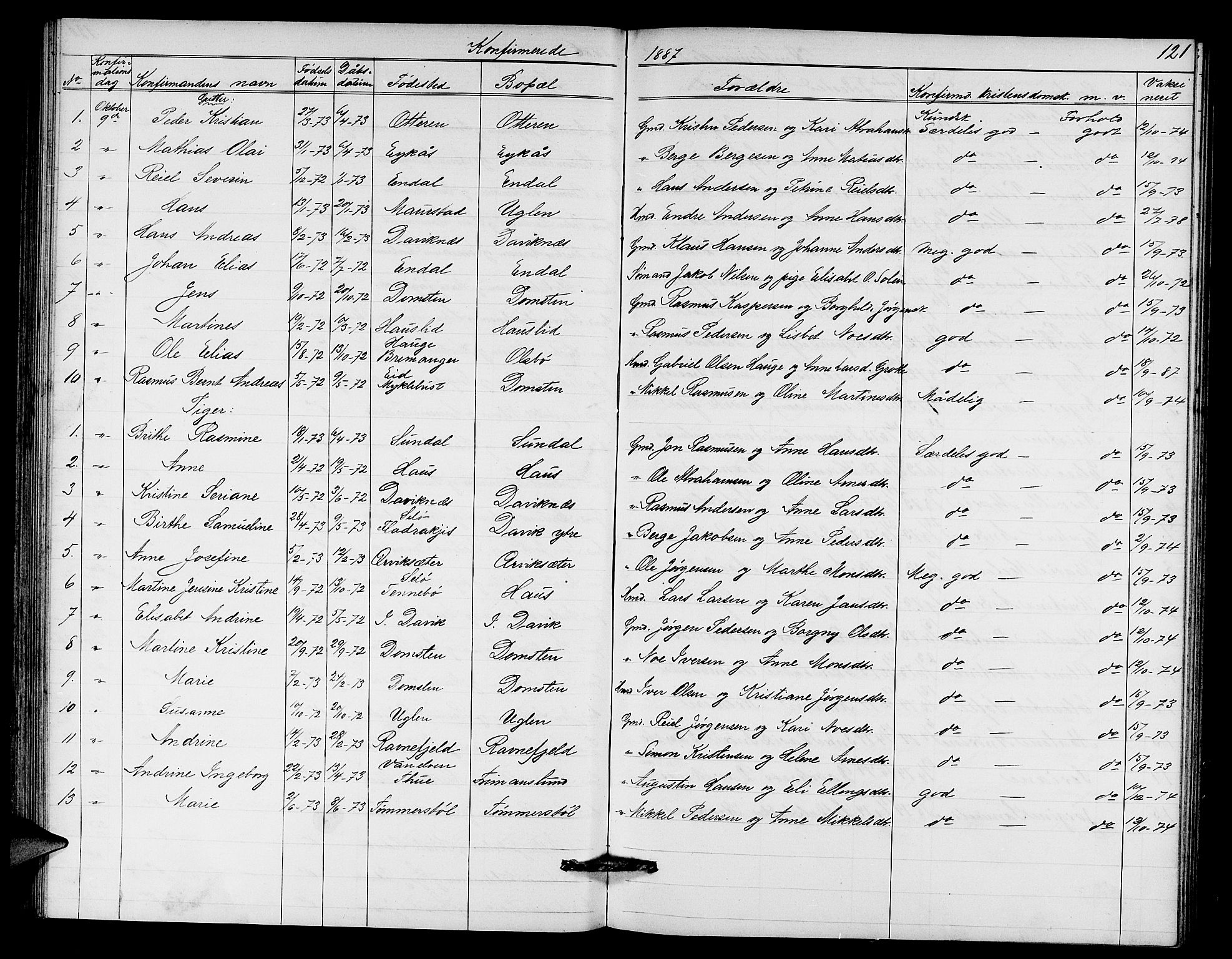 Davik sokneprestembete, AV/SAB-A-79701/H/Hab/Haba/L0001: Parish register (copy) no. A 1, 1866-1889, p. 121