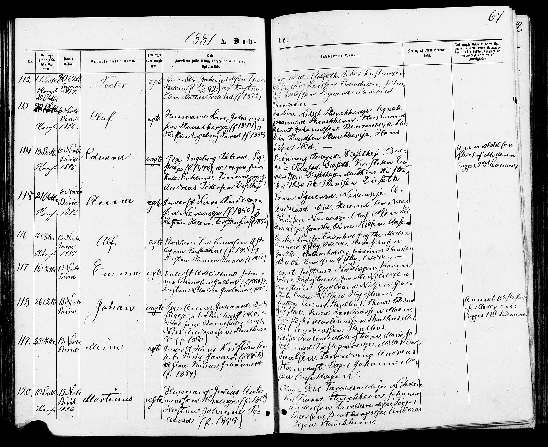 Biri prestekontor, AV/SAH-PREST-096/H/Ha/Haa/L0006: Parish register (official) no. 6, 1877-1886, p. 67