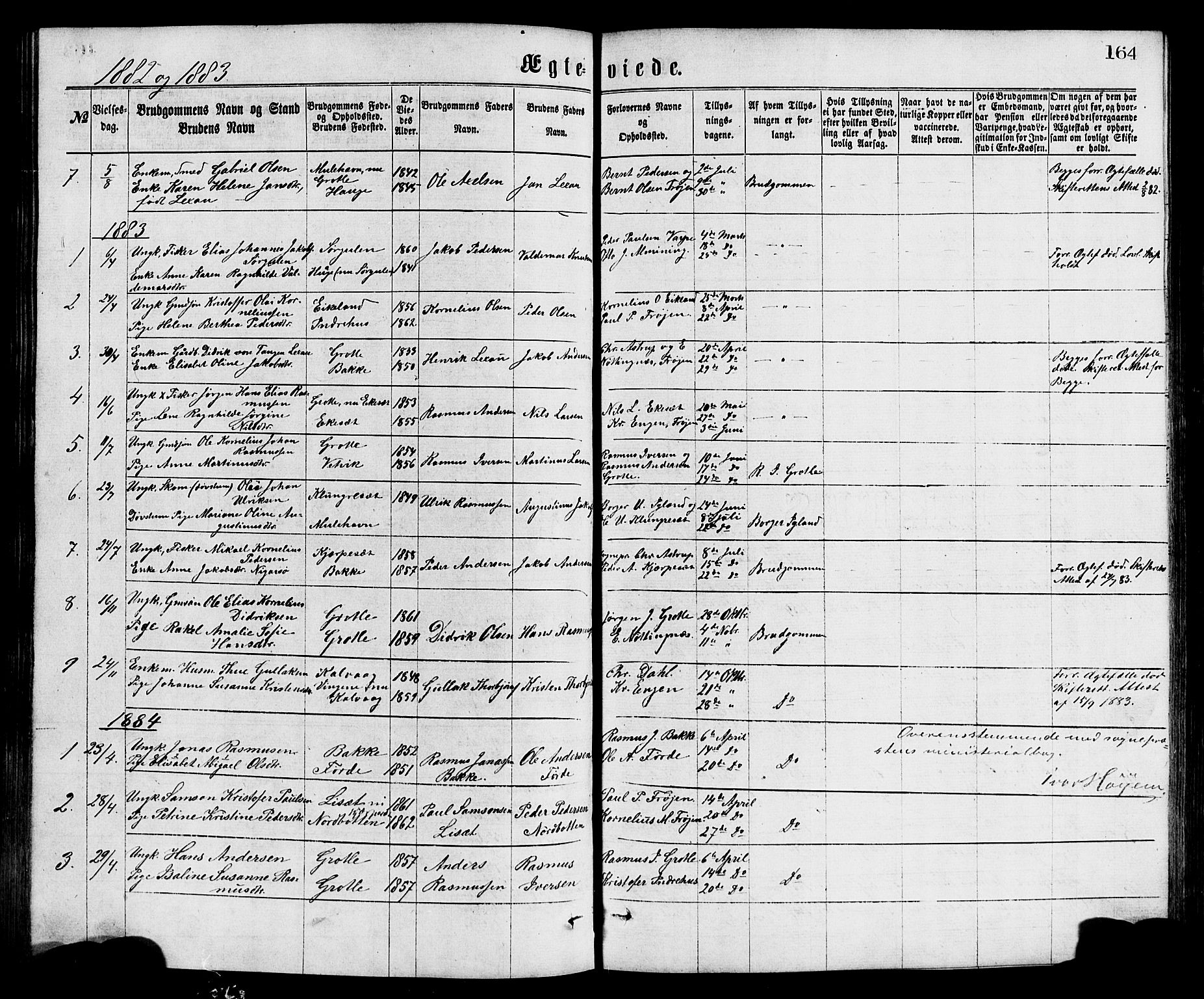Bremanger sokneprestembete, SAB/A-82201/H/Hab/Haba/L0002: Parish register (copy) no. A 2, 1866-1889, p. 164
