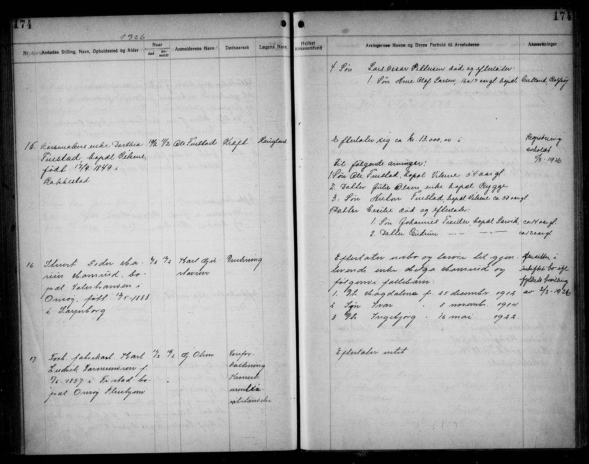 Onsøy lensmannskontor, AV/SAO-A-10007/H/Ha/L0004: Dødsfallsprotokoll, 1919-1926, p. 174