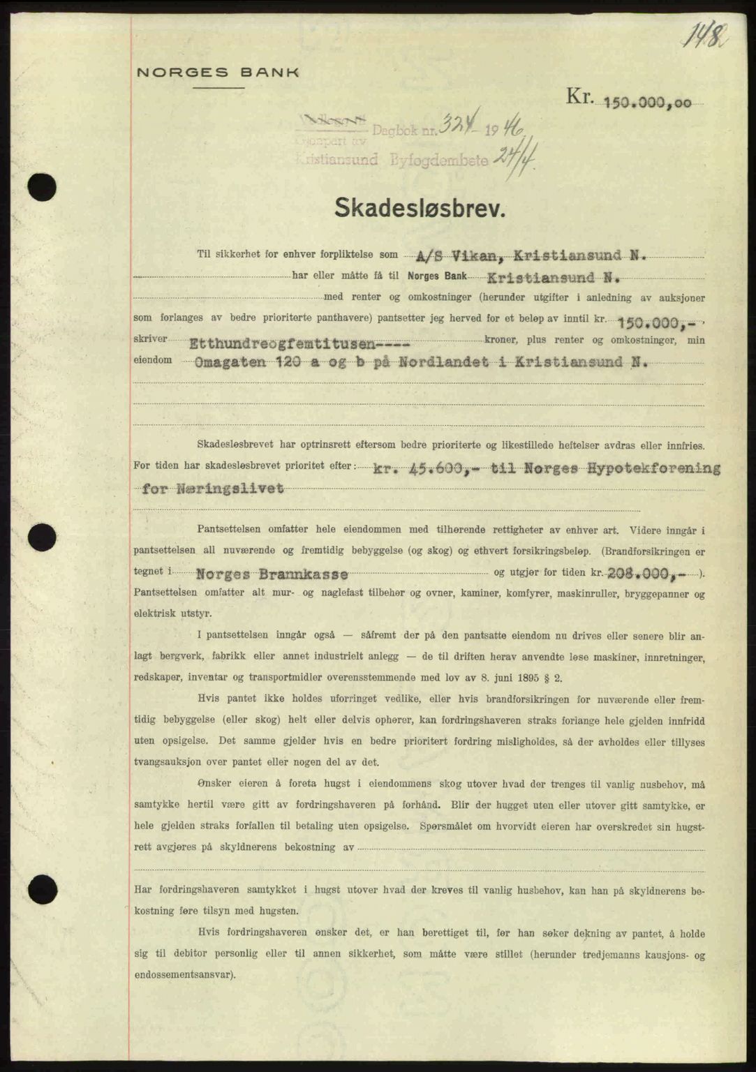 Kristiansund byfogd, AV/SAT-A-4587/A/27: Mortgage book no. 40, 1946-1946, Diary no: : 324/1946