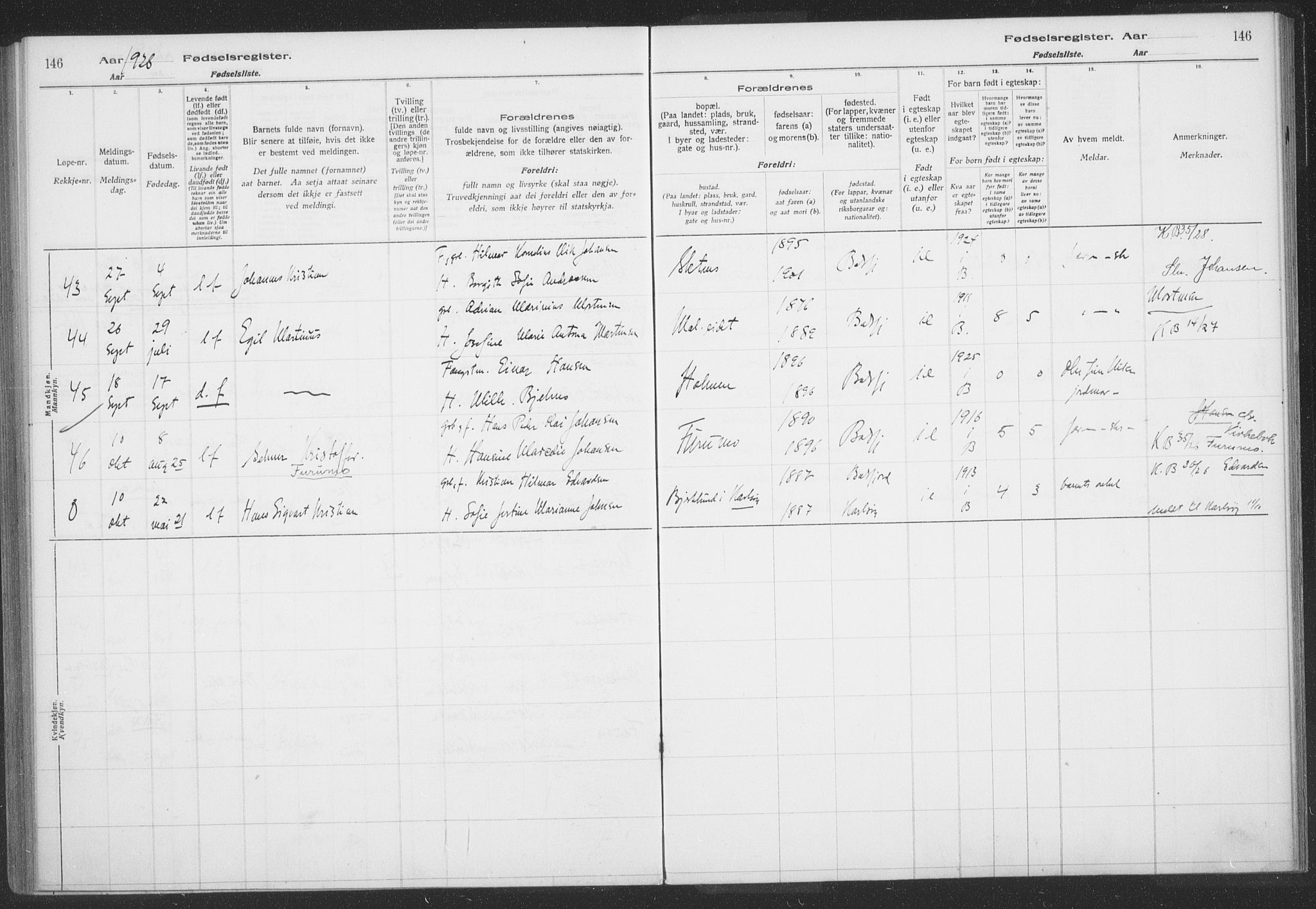 Balsfjord sokneprestembete, AV/SATØ-S-1303/H/Hb/L0059: Birth register no. 59, 1916-1930, p. 146