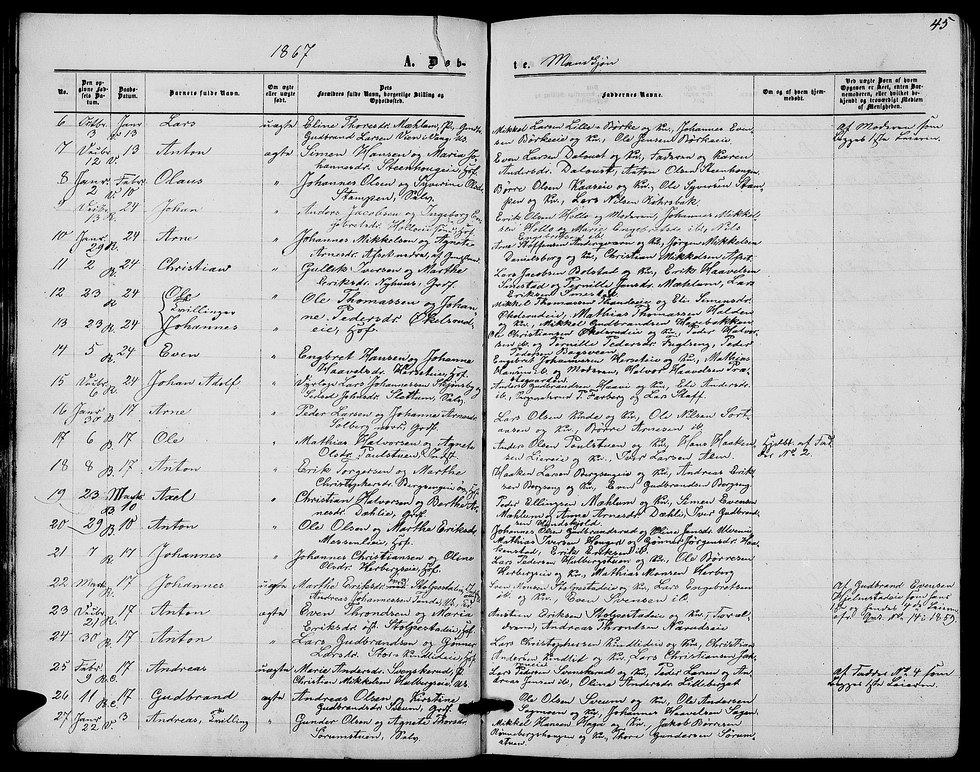 Ringsaker prestekontor, SAH/PREST-014/L/La/L0007: Parish register (copy) no. 7, 1861-1869, p. 45