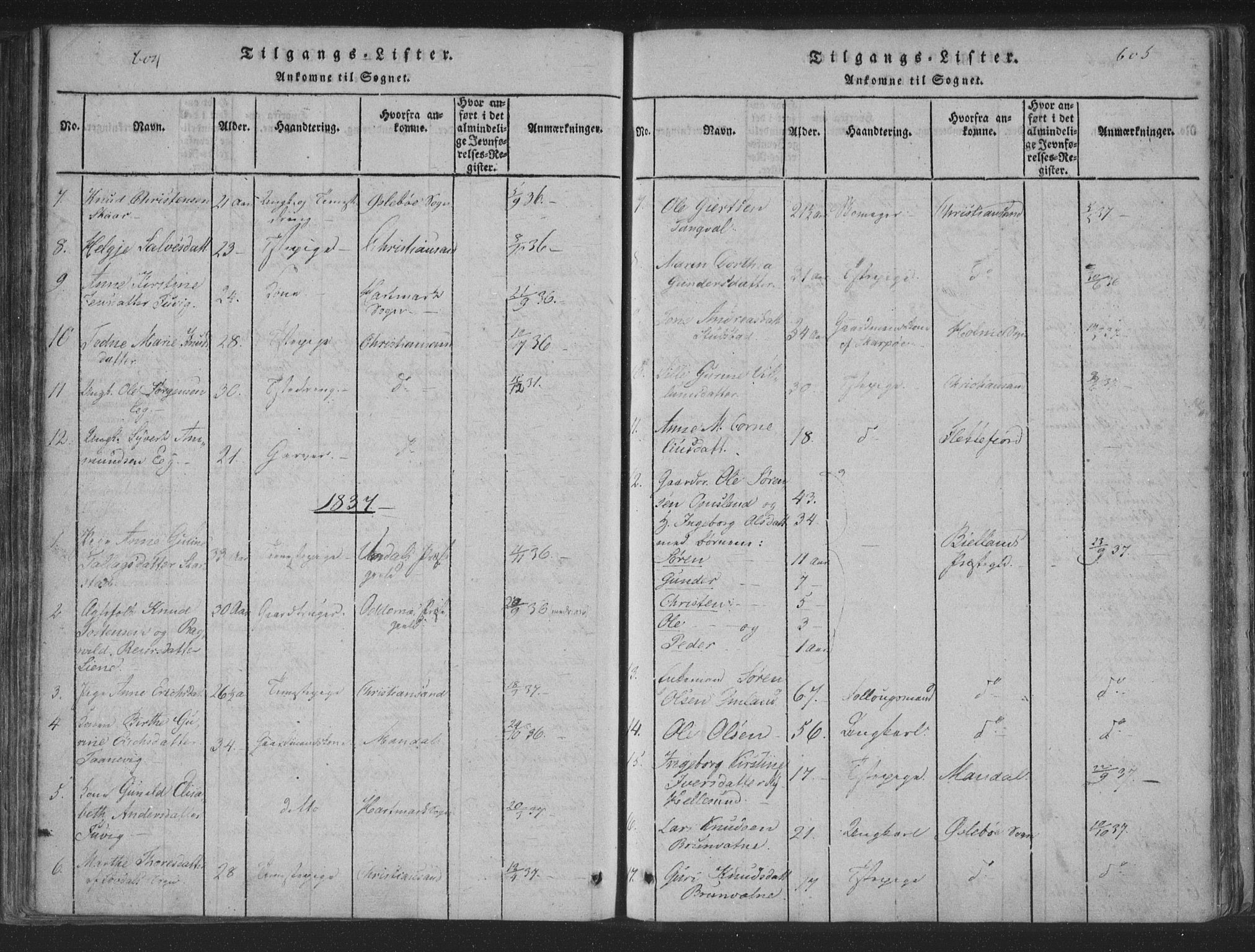 Søgne sokneprestkontor, SAK/1111-0037/F/Fa/Fab/L0008: Parish register (official) no. A 8, 1821-1838, p. 604-605