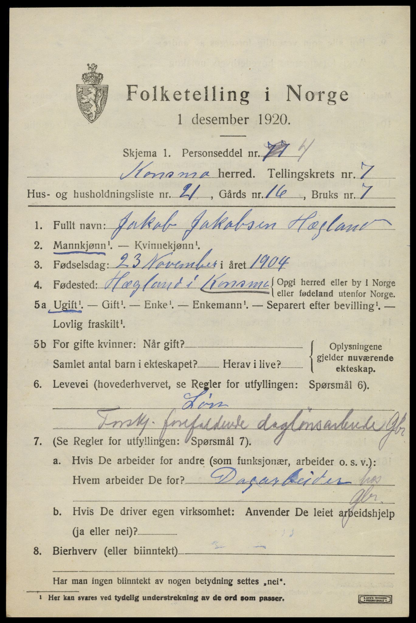 SAK, 1920 census for Konsmo, 1920, p. 1614