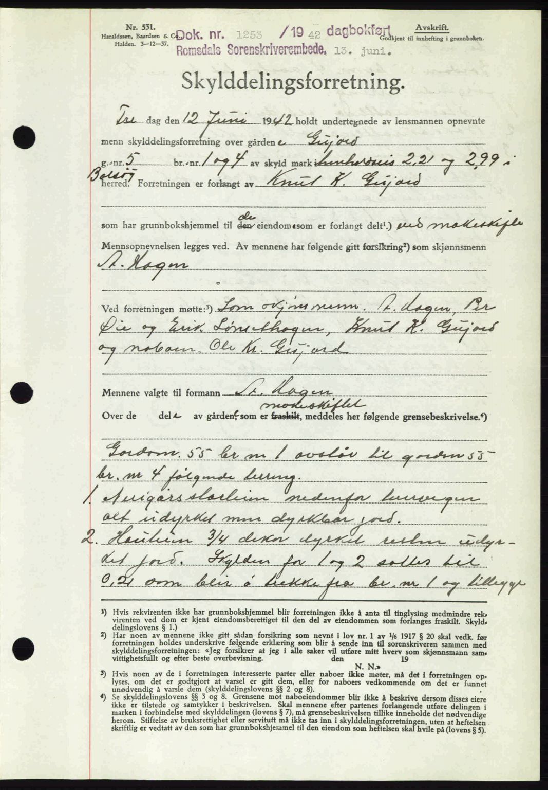 Romsdal sorenskriveri, AV/SAT-A-4149/1/2/2C: Mortgage book no. A12, 1942-1942, Diary no: : 1253/1942