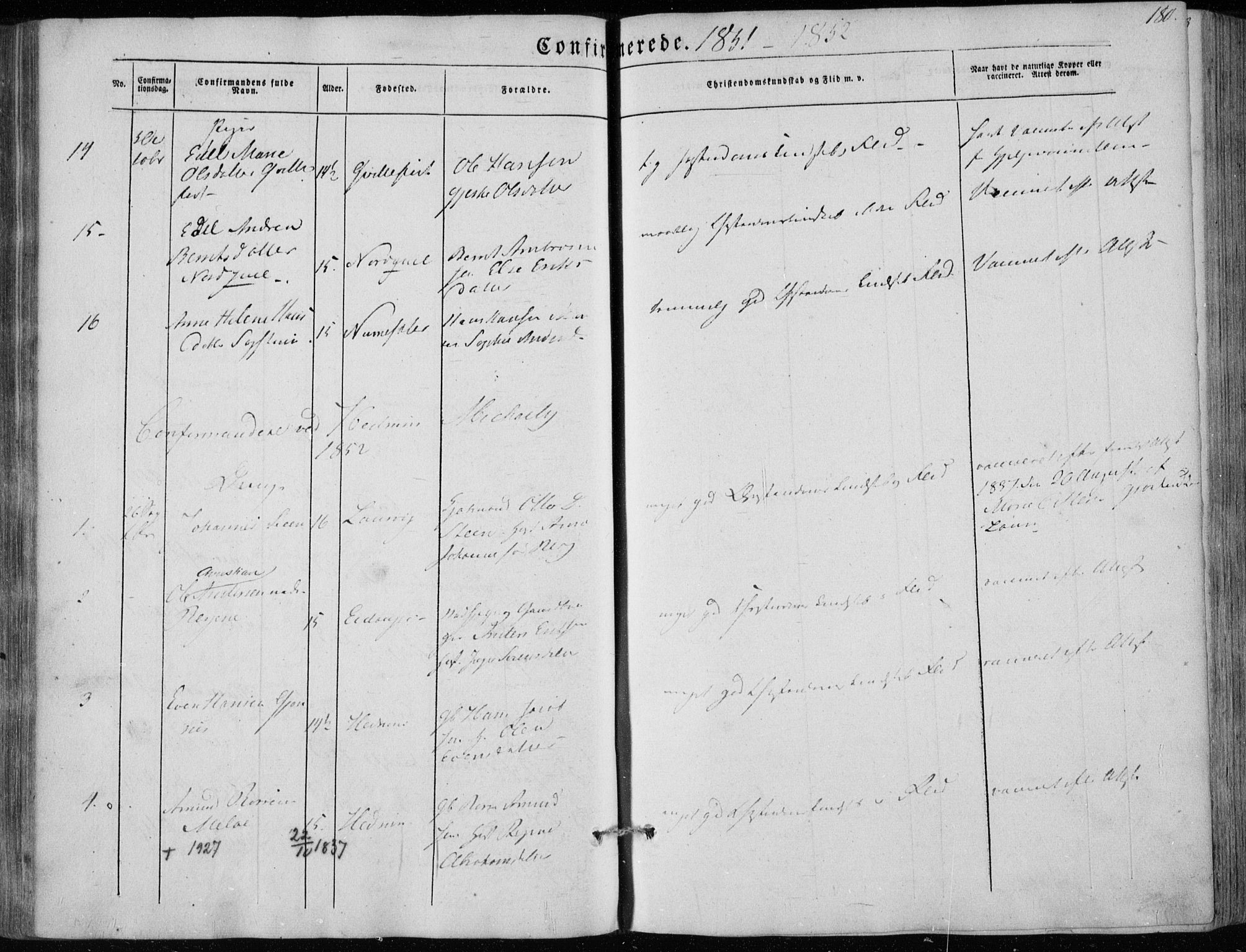 Hedrum kirkebøker, AV/SAKO-A-344/F/Fa/L0006: Parish register (official) no. I 6, 1849-1857, p. 180