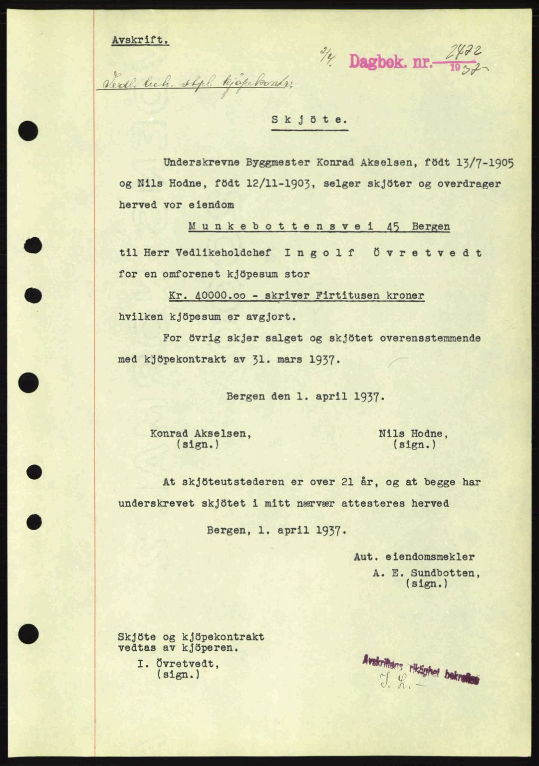 Byfogd og Byskriver i Bergen, SAB/A-3401/03/03Bc/L0004: Mortgage book no. A3-4, 1936-1937, Diary no: : 2472/1937