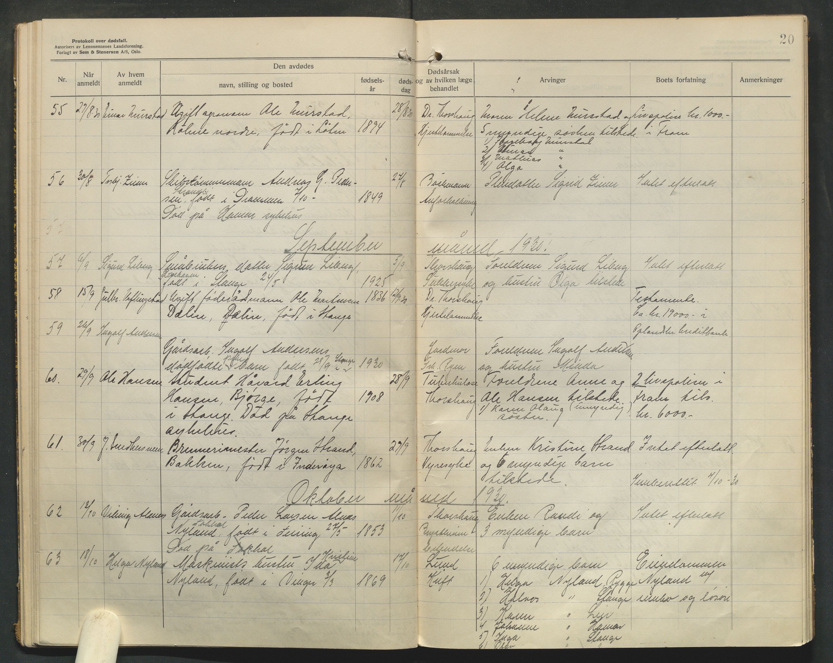 Stange lensmannskontor, AV/SAH-LHS-020/H/Ha/Haa/L0002/0001: Dødsfallsprotokoller / Dødsfallsprotokoll, 1929-1933, p. 20