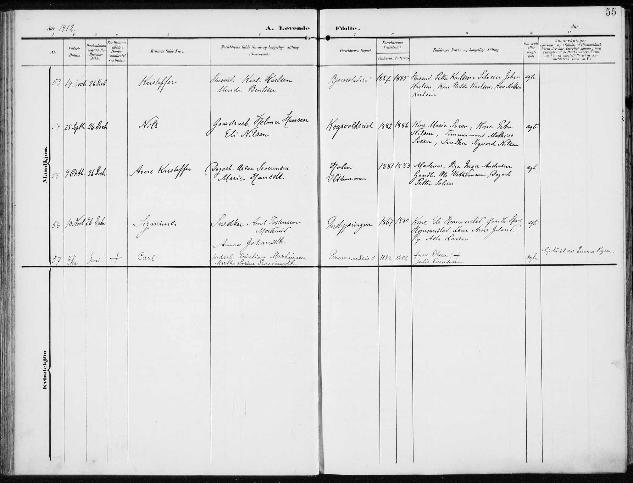 Stange prestekontor, AV/SAH-PREST-002/K/L0024: Parish register (official) no. 24, 1906-1922, p. 55