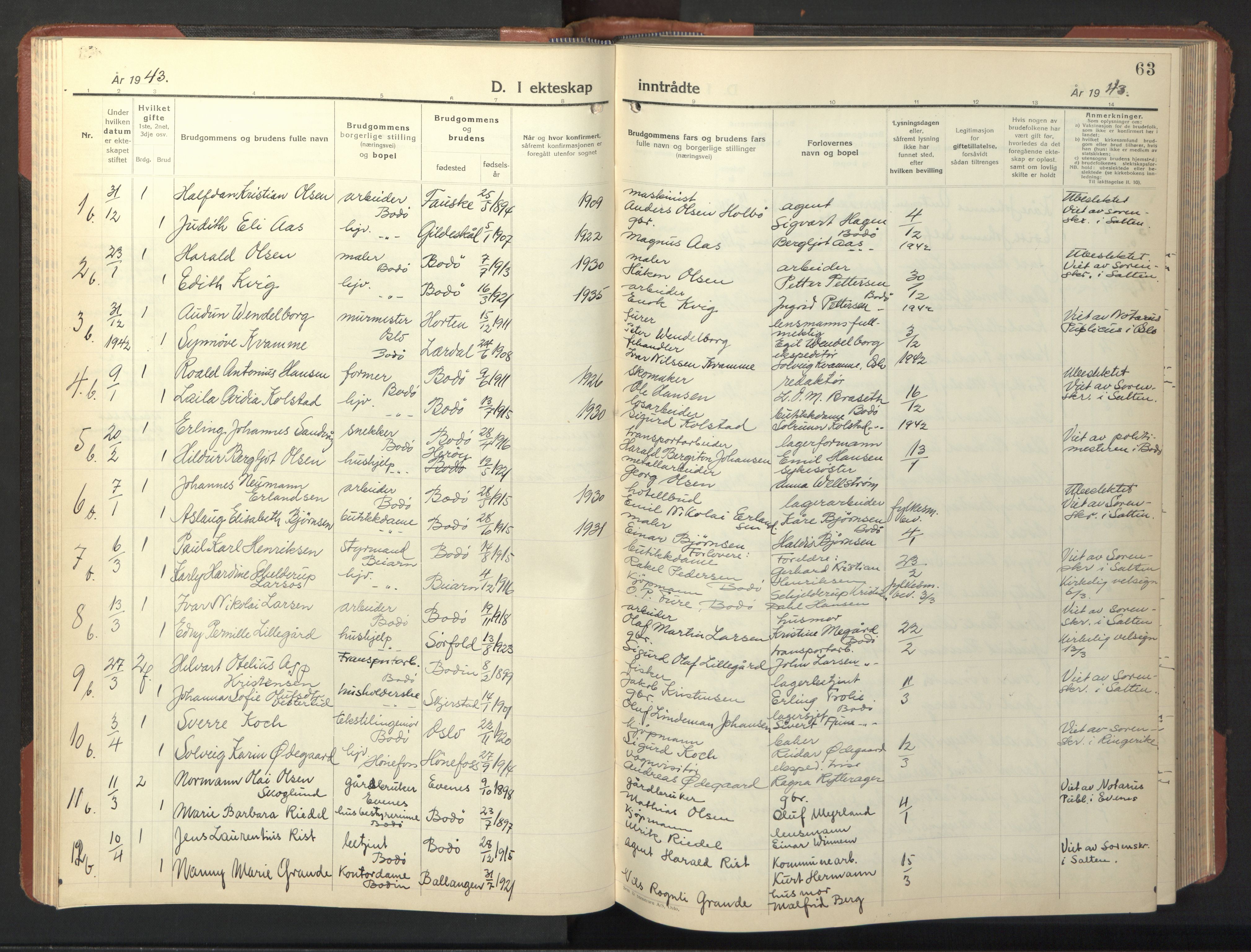 Ministerialprotokoller, klokkerbøker og fødselsregistre - Nordland, SAT/A-1459/801/L0038: Parish register (copy) no. 801C13, 1935-1951, p. 63