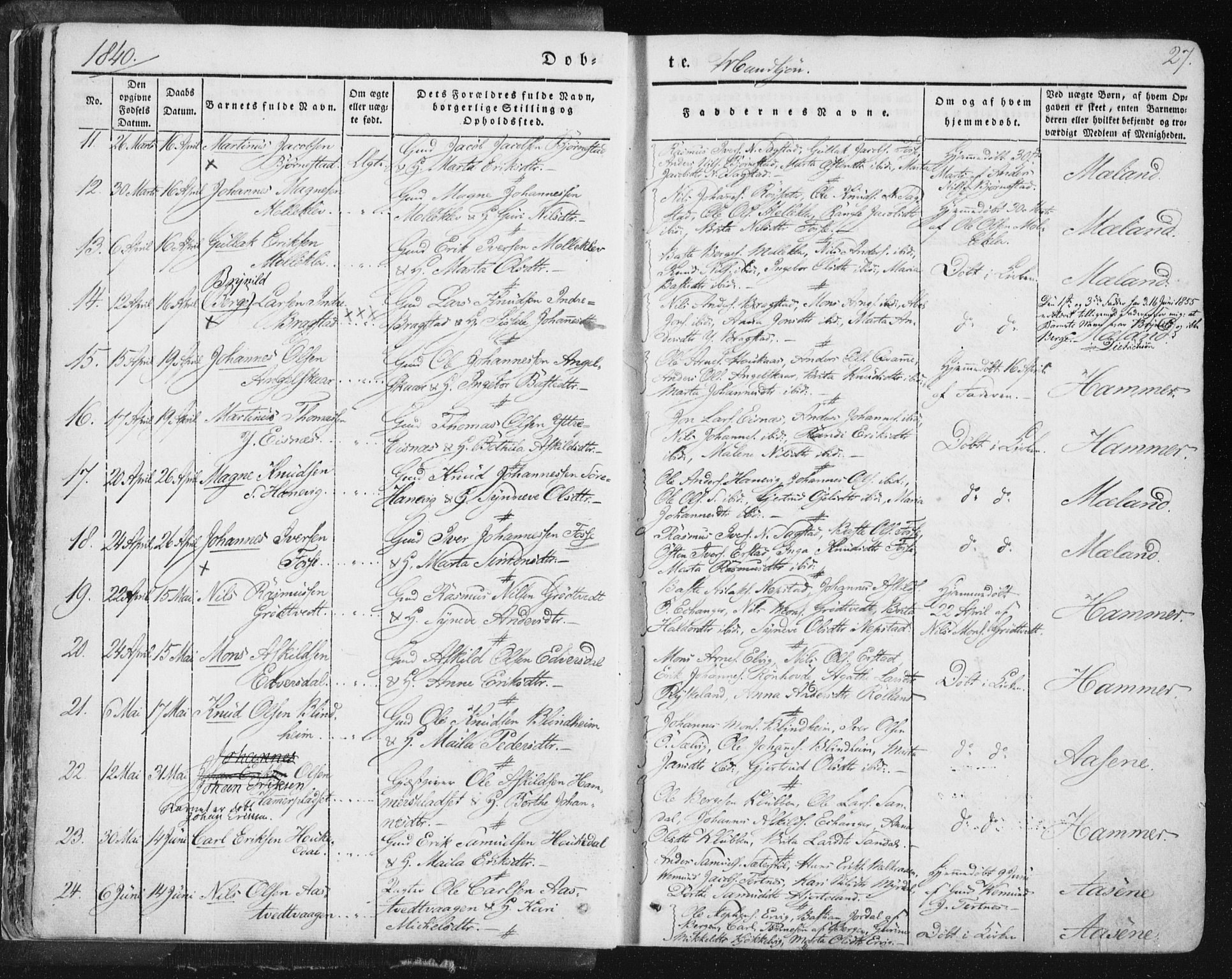 Hamre sokneprestembete, SAB/A-75501/H/Ha/Haa/Haaa/L0012: Parish register (official) no. A 12, 1834-1845, p. 27