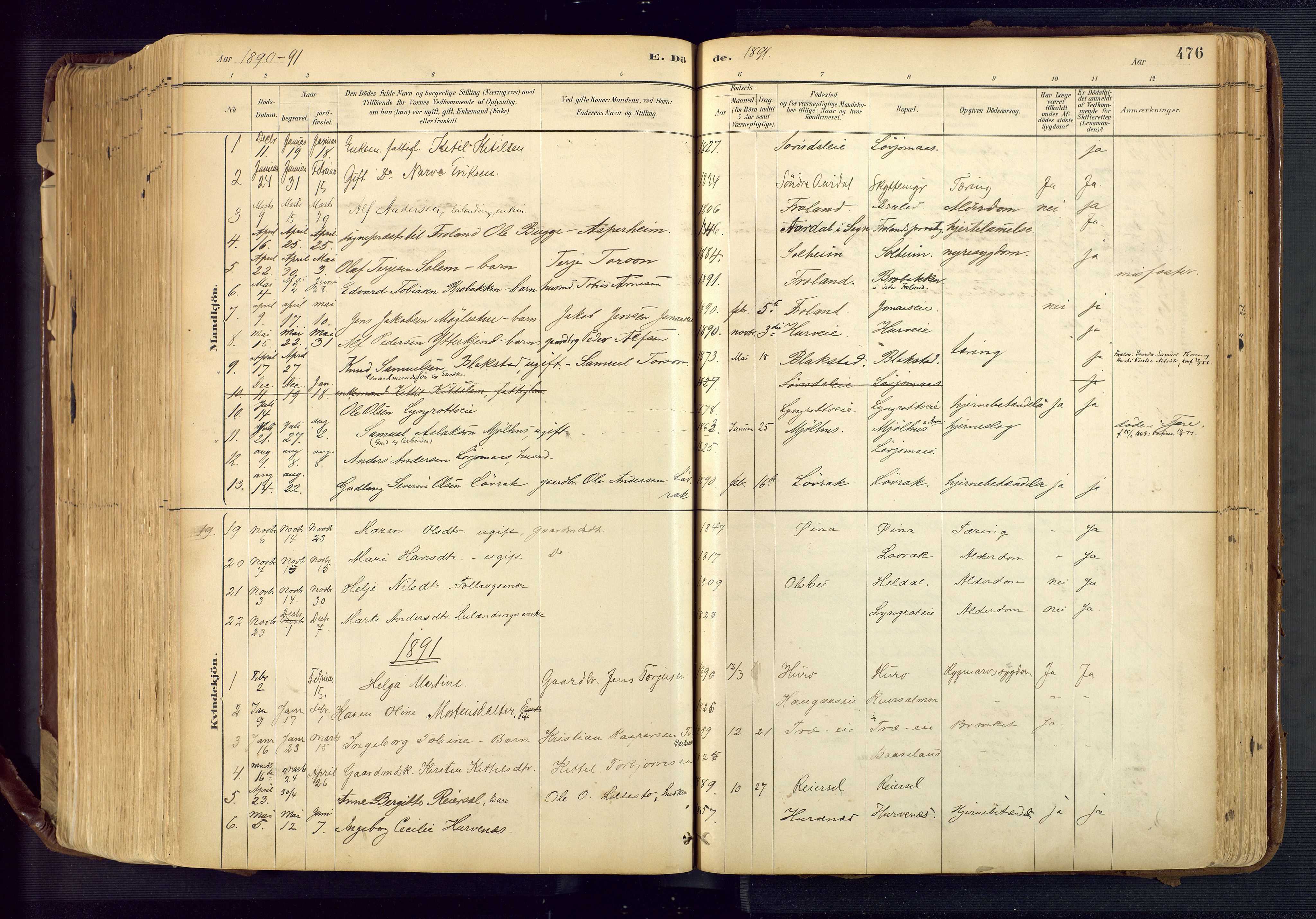 Froland sokneprestkontor, SAK/1111-0013/F/Fa/L0005: Parish register (official) no. A 5, 1882-1921, p. 476