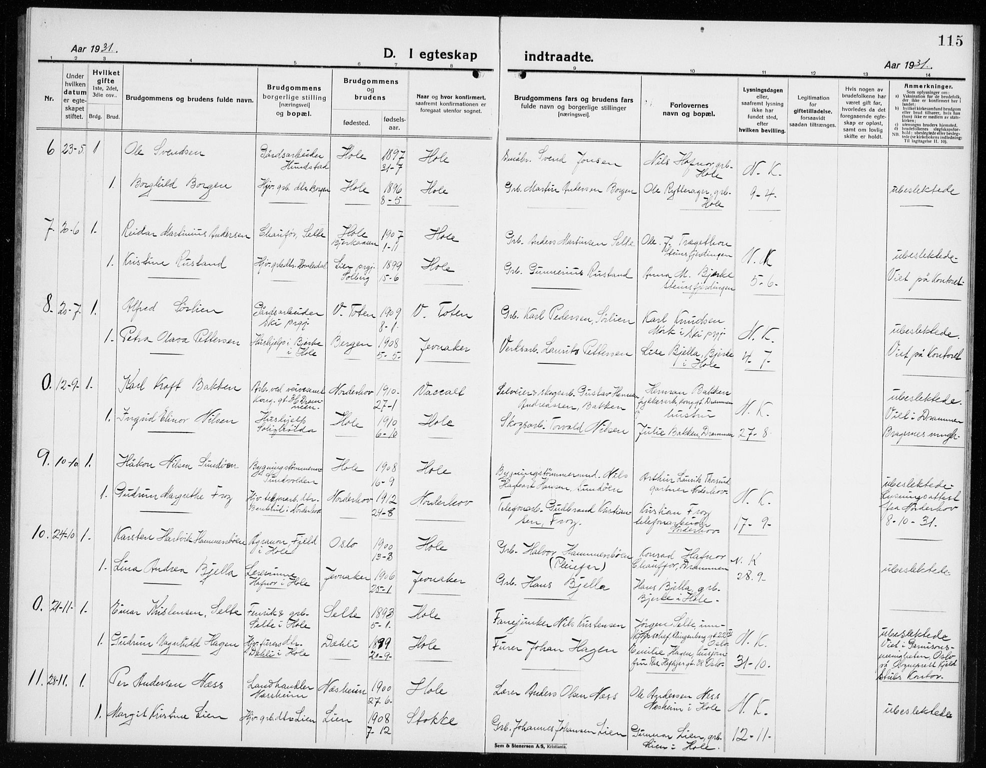 Hole kirkebøker, SAKO/A-228/G/Ga/L0005: Parish register (copy) no. I 5, 1924-1938, p. 115