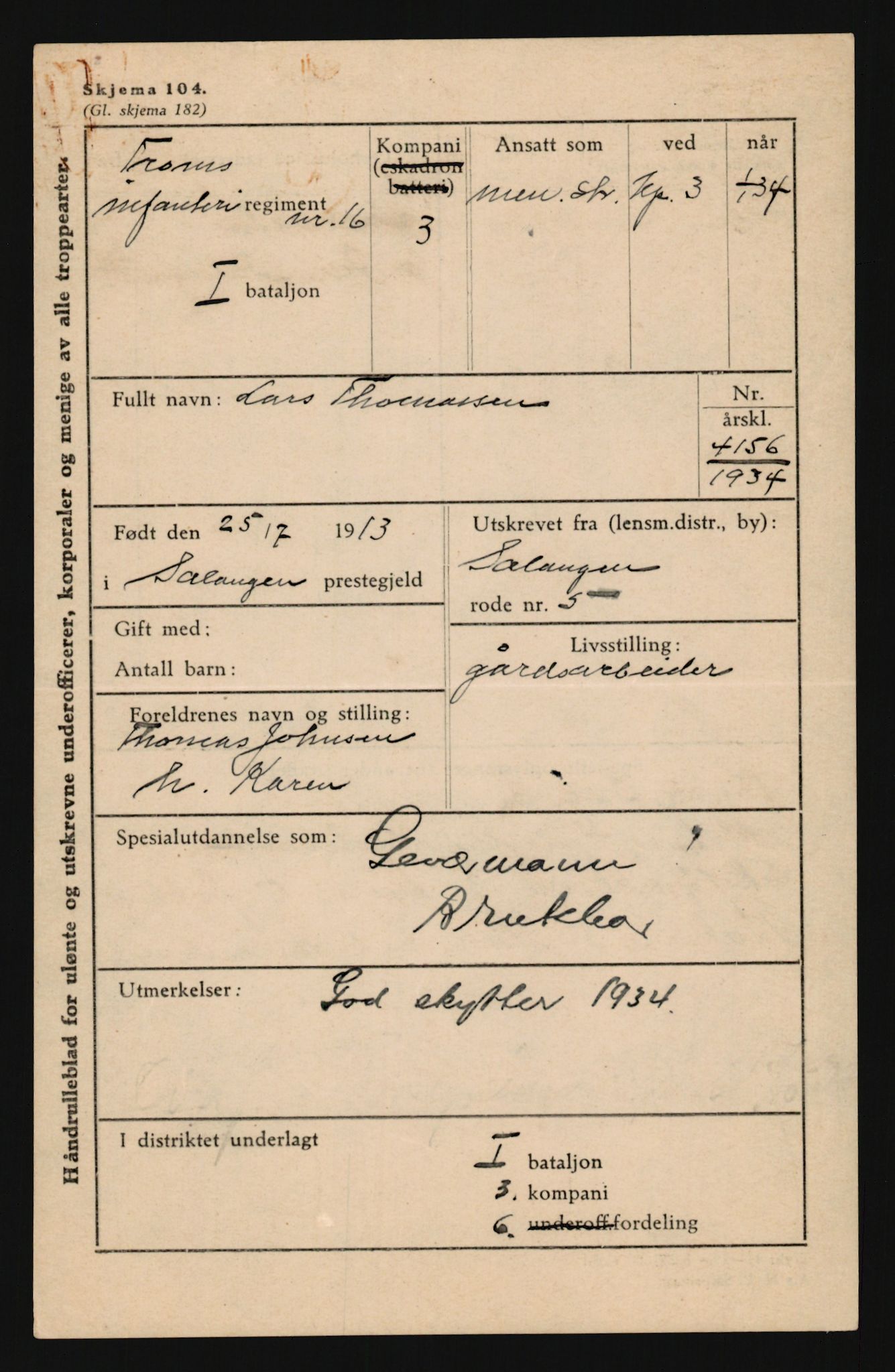 Forsvaret, Troms infanteriregiment nr. 16, AV/RA-RAFA-3146/P/Pa/L0018: Rulleblad for regimentets menige mannskaper, årsklasse 1934, 1934, p. 1223