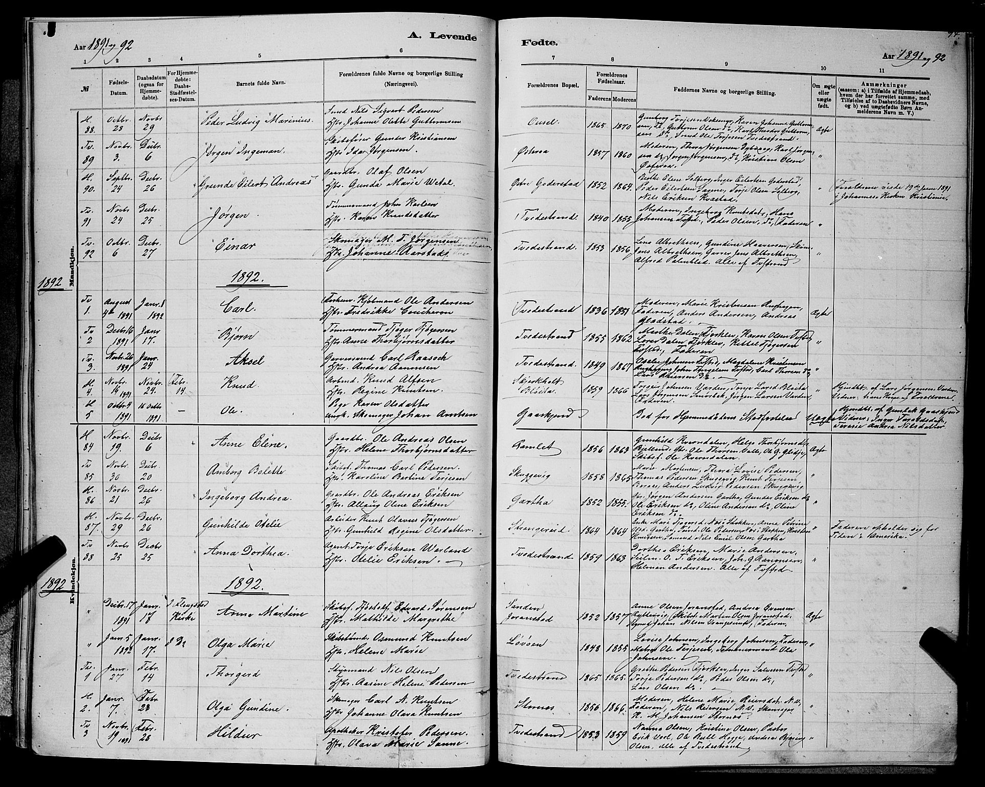 Holt sokneprestkontor, SAK/1111-0021/F/Fb/L0010: Parish register (copy) no. B 10, 1883-1896, p. 94