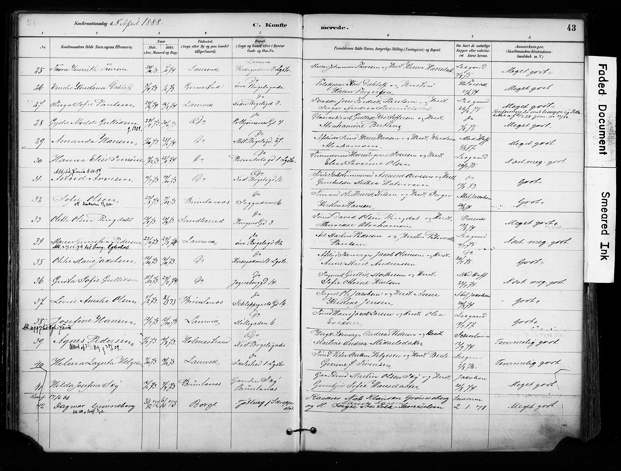 Larvik kirkebøker, AV/SAKO-A-352/F/Fa/L0008: Parish register (official) no. I 8, 1884-1902, p. 43