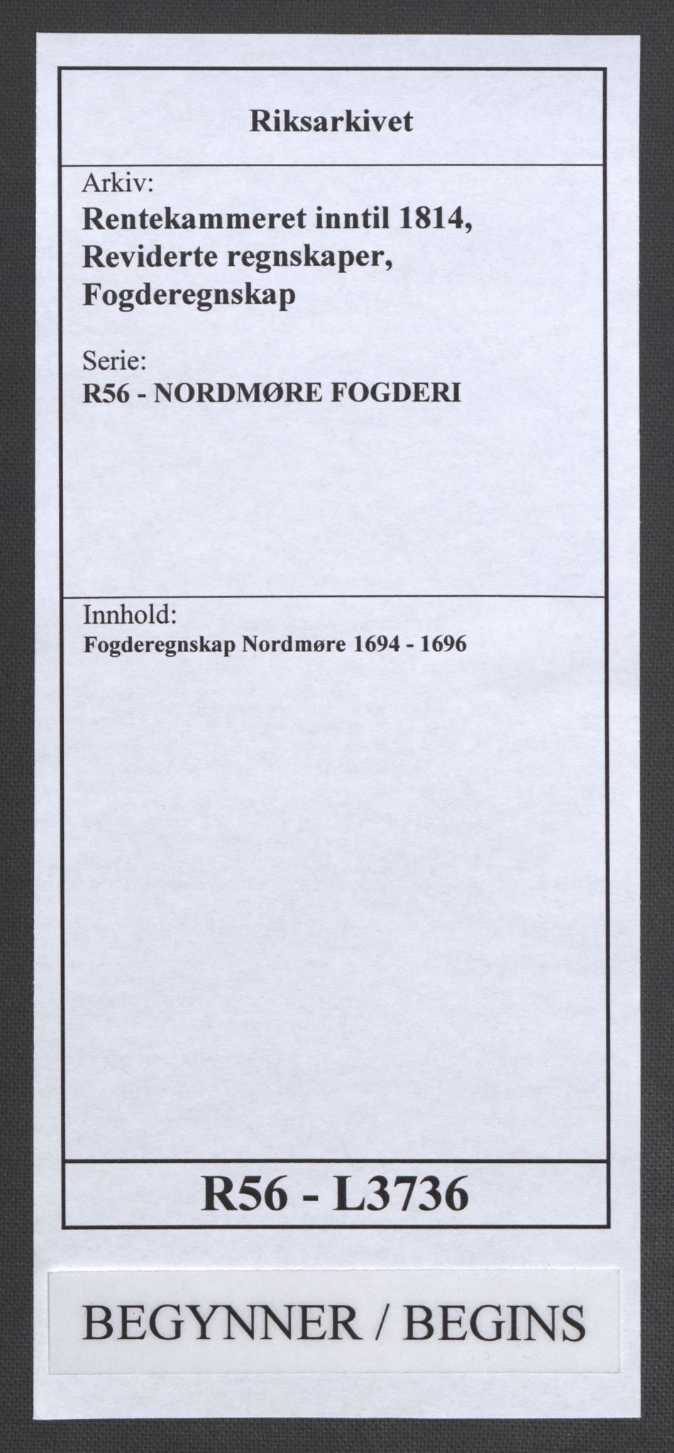 Rentekammeret inntil 1814, Reviderte regnskaper, Fogderegnskap, RA/EA-4092/R56/L3736: Fogderegnskap Nordmøre, 1694-1696, p. 1
