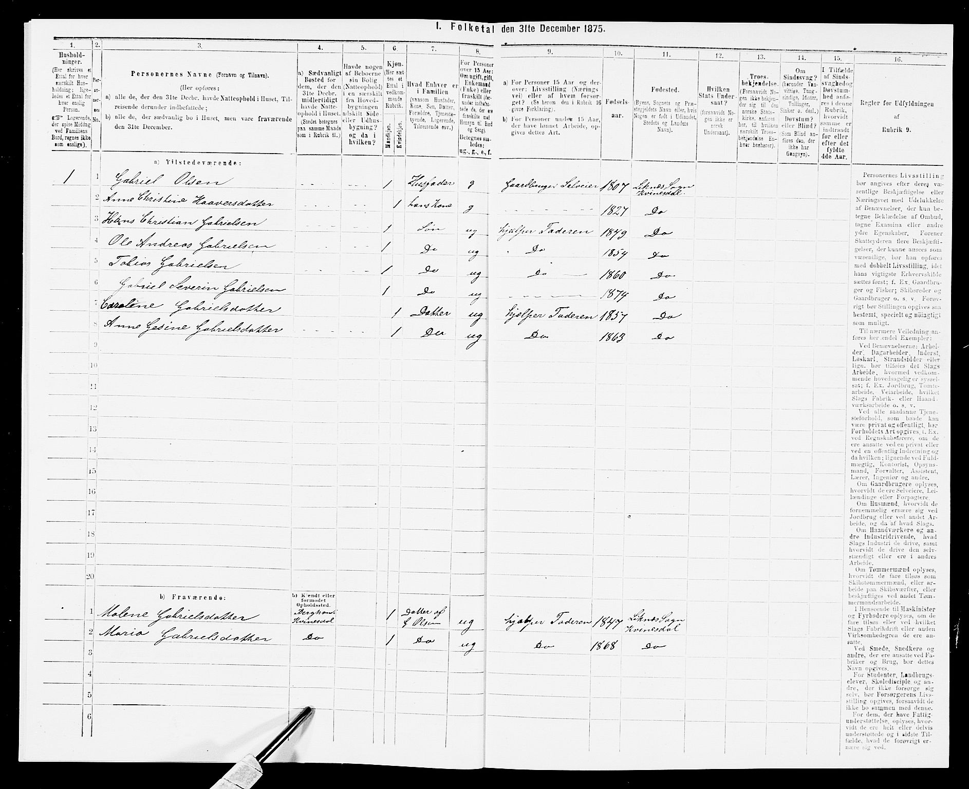 SAK, 1875 census for 1037P Kvinesdal, 1875, p. 920