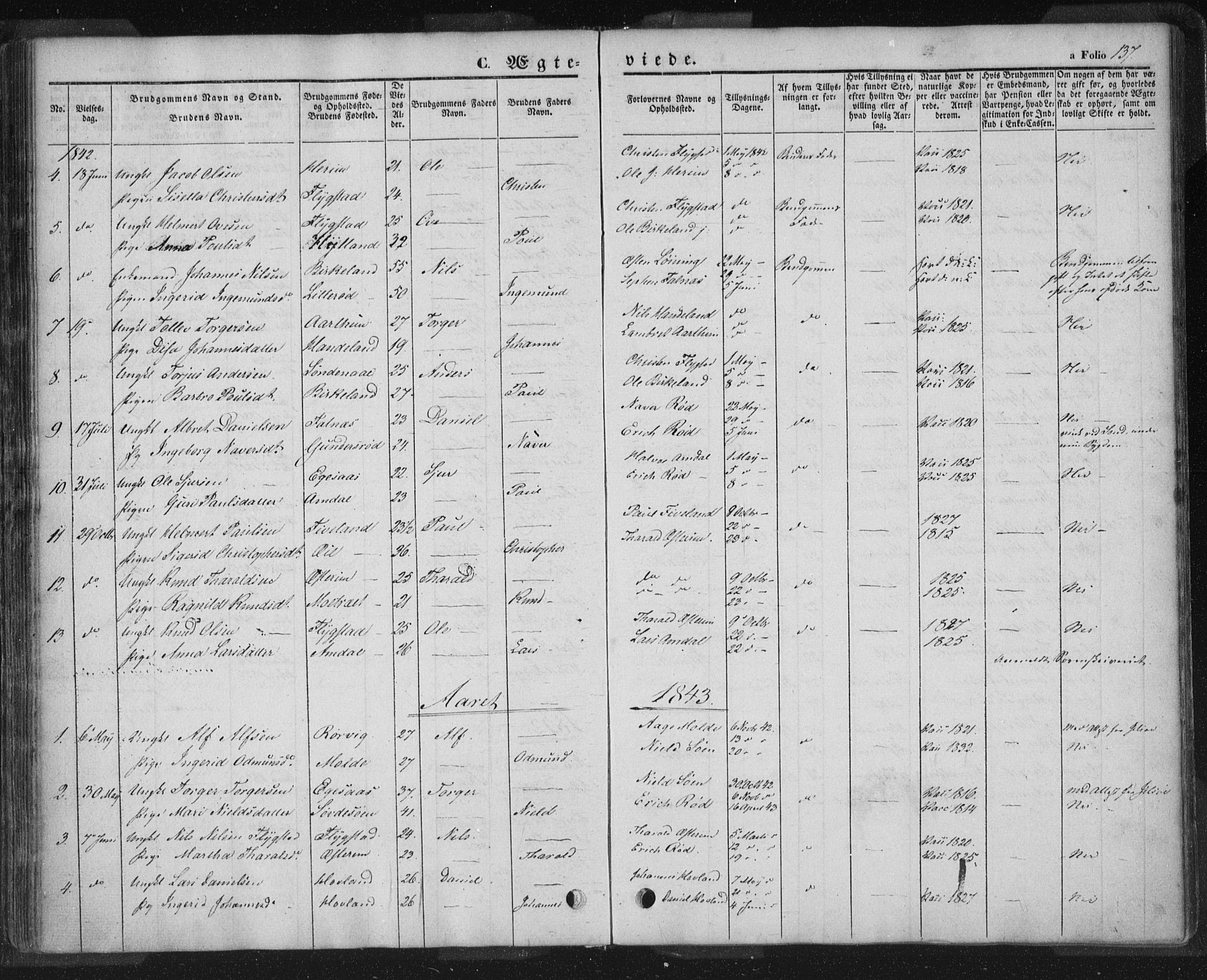 Sand sokneprestkontor, AV/SAST-A-101848/01/III/L0002: Parish register (official) no. A 2, 1838-1859, p. 137