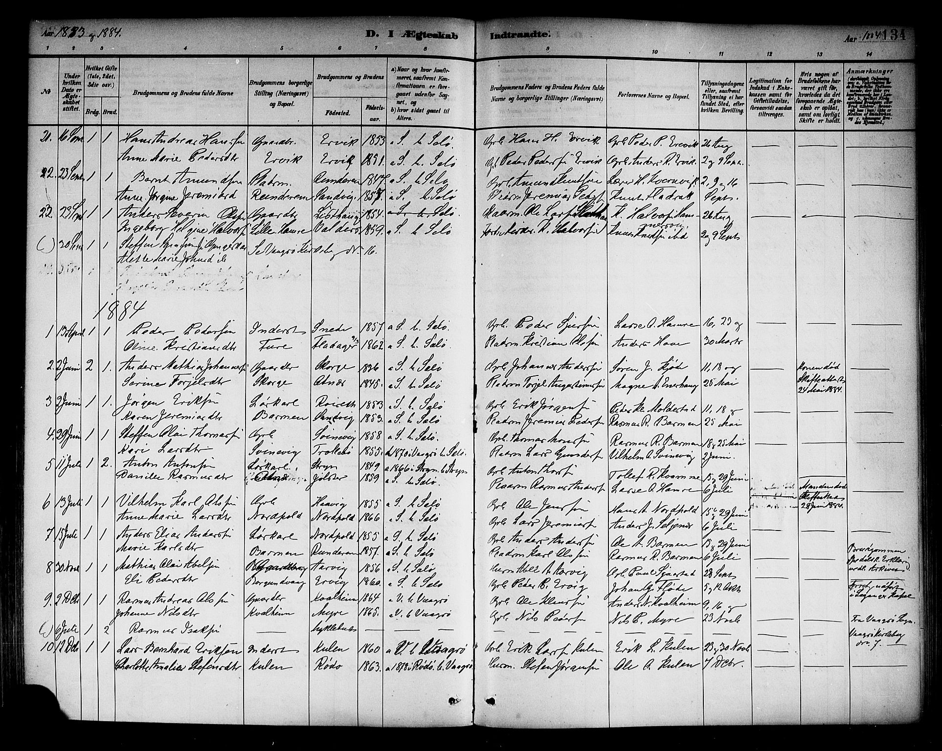 Selje sokneprestembete, SAB/A-99938/H/Ha/Haa/Haab: Parish register (official) no. B 1, 1881-1890, p. 134