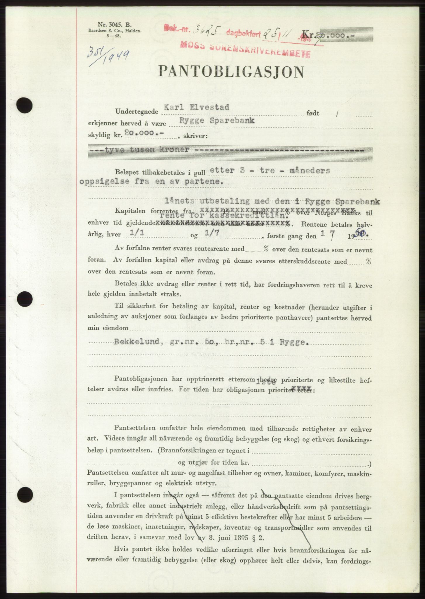 Moss sorenskriveri, SAO/A-10168: Mortgage book no. B23, 1949-1950, Diary no: : 3625/1949