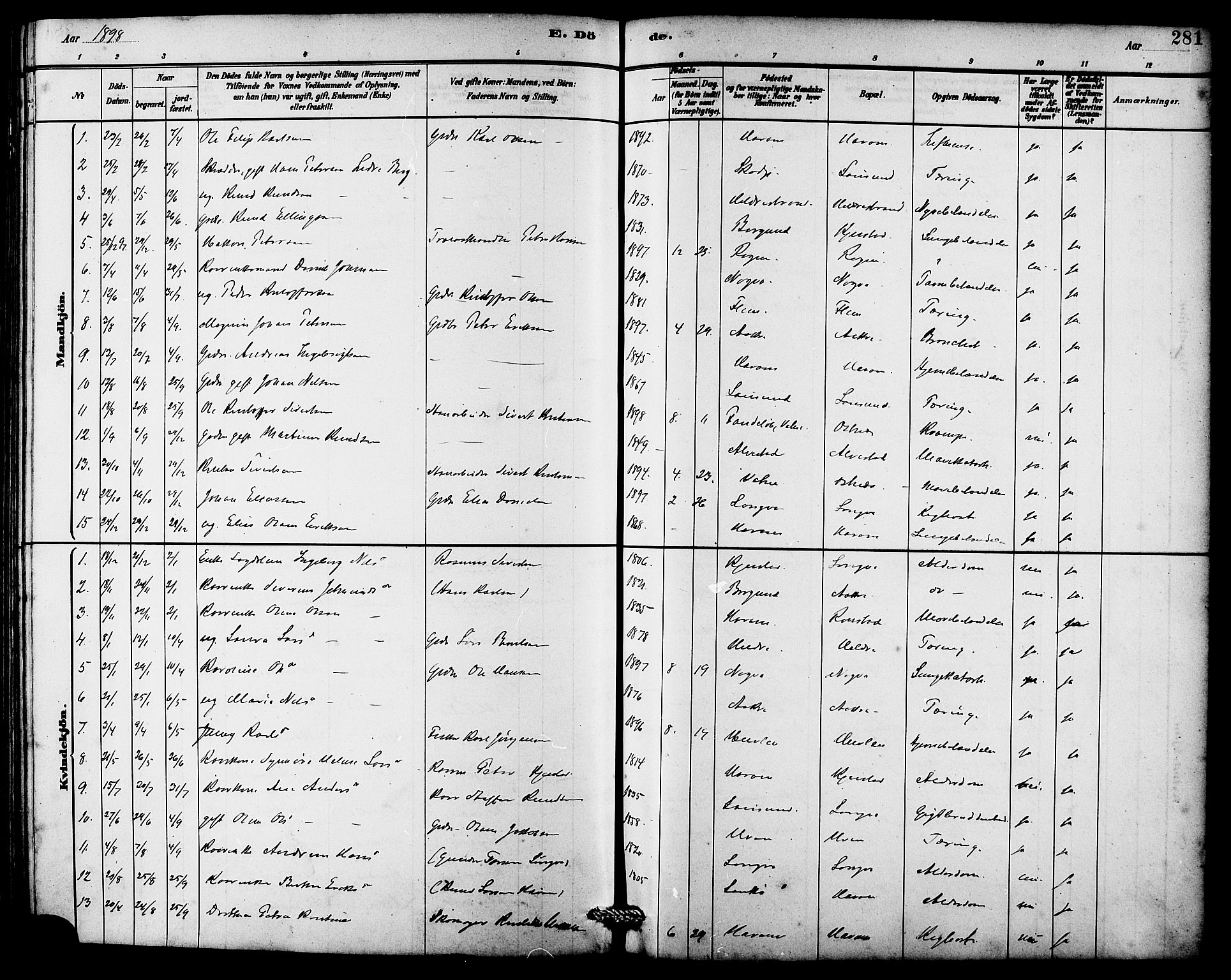 Ministerialprotokoller, klokkerbøker og fødselsregistre - Møre og Romsdal, SAT/A-1454/536/L0510: Parish register (copy) no. 536C05, 1881-1898, p. 281