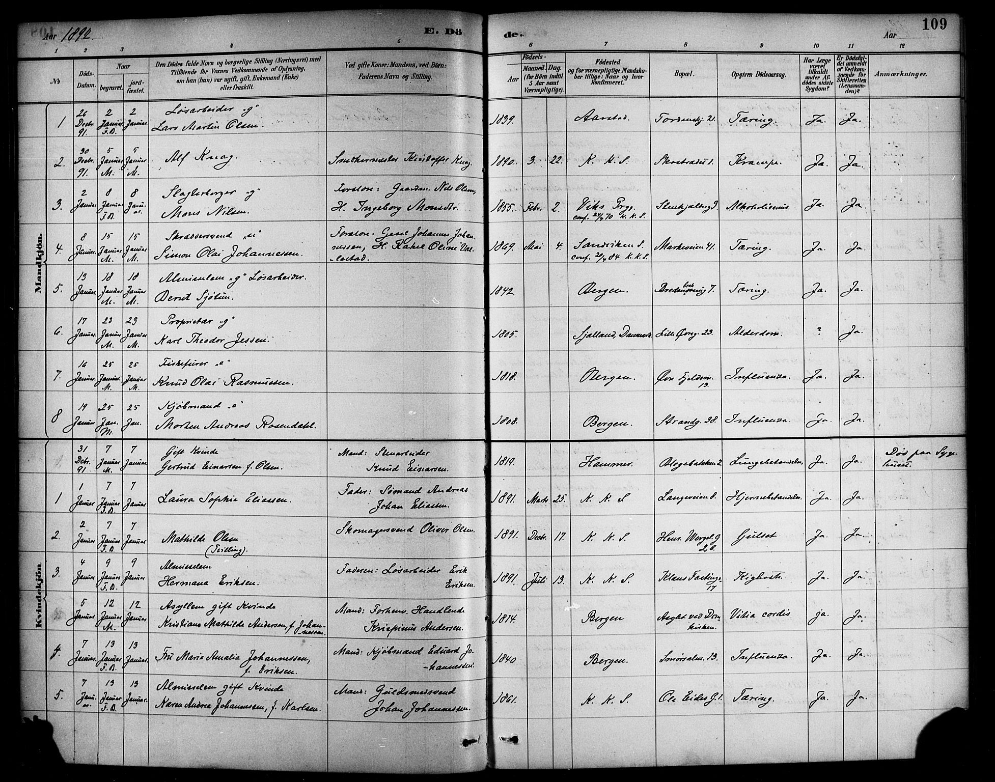 Korskirken sokneprestembete, SAB/A-76101/H/Haa/L0047: Parish register (official) no. E 5, 1884-1910, p. 109