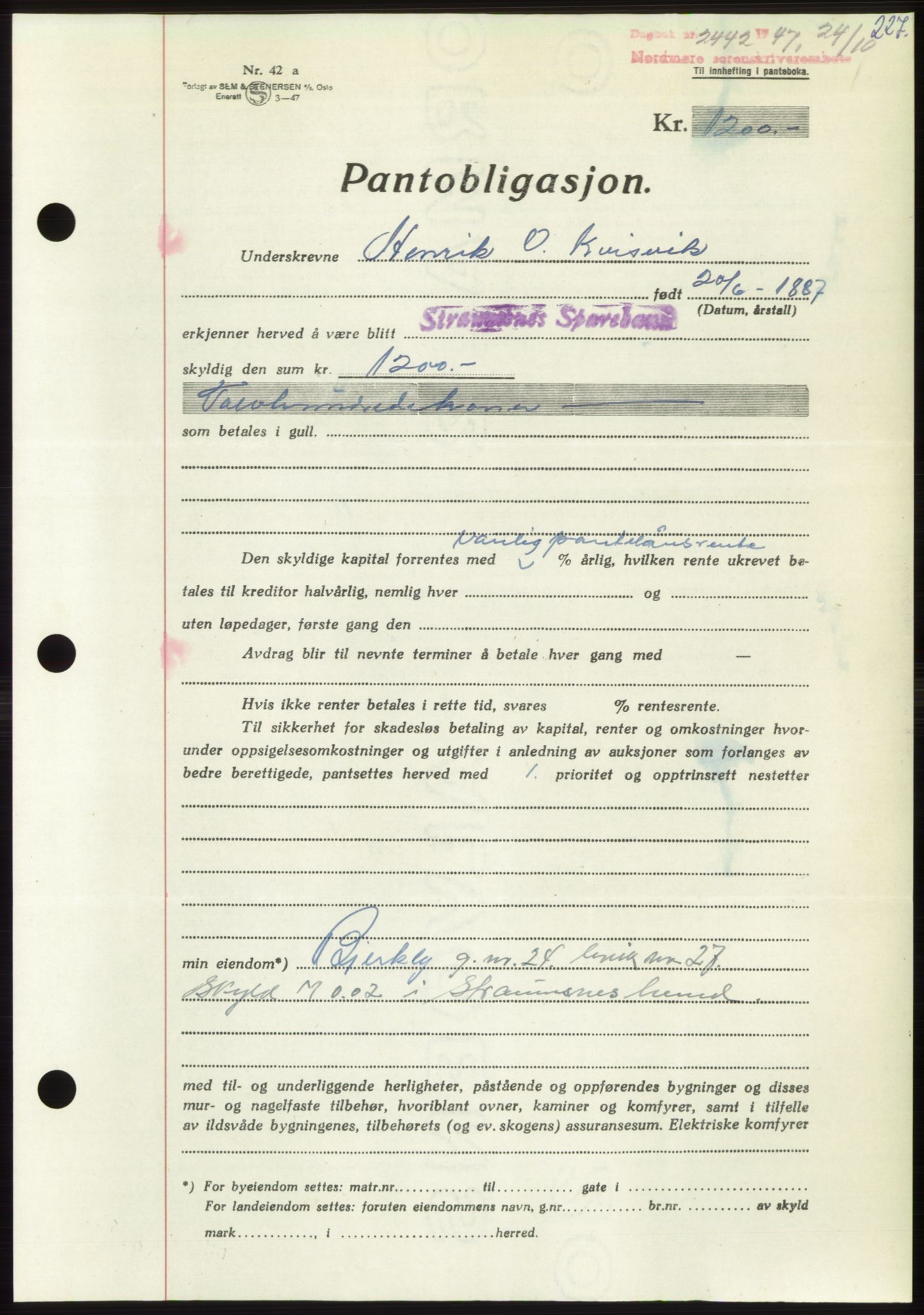 Nordmøre sorenskriveri, AV/SAT-A-4132/1/2/2Ca: Mortgage book no. B97, 1947-1948, Diary no: : 2442/1947