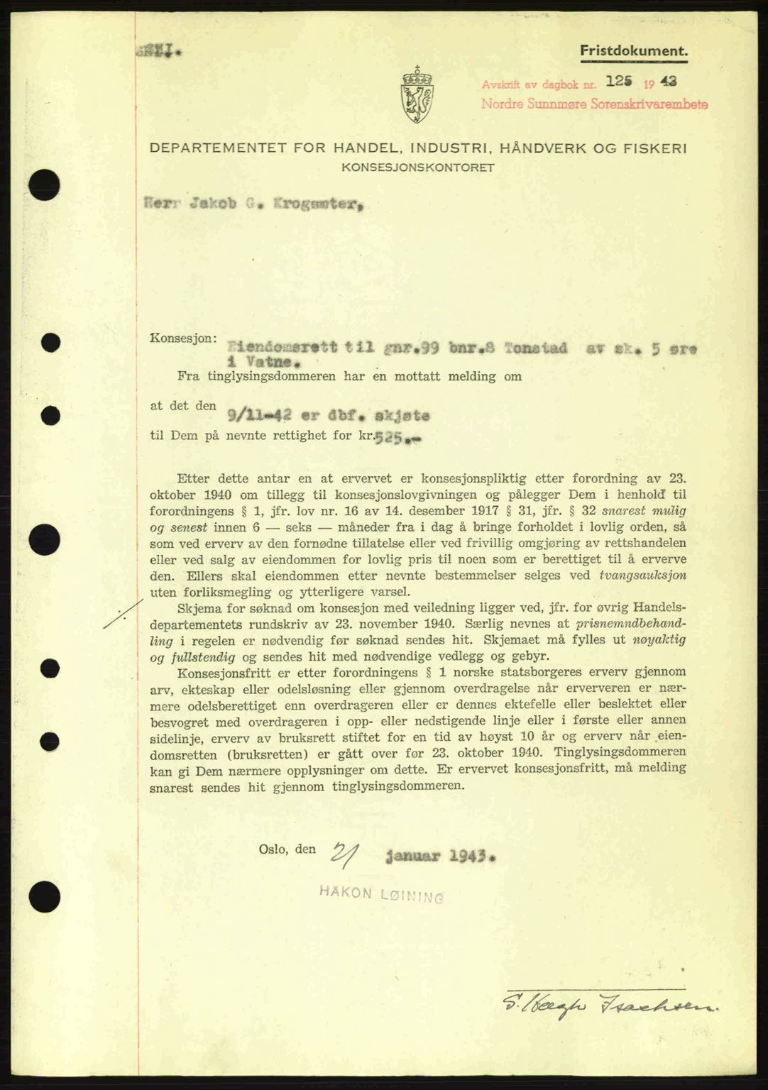 Nordre Sunnmøre sorenskriveri, SAT/A-0006/1/2/2C/2Ca: Mortgage book no. B6-14 a, 1942-1945, Diary no: : 125/1943