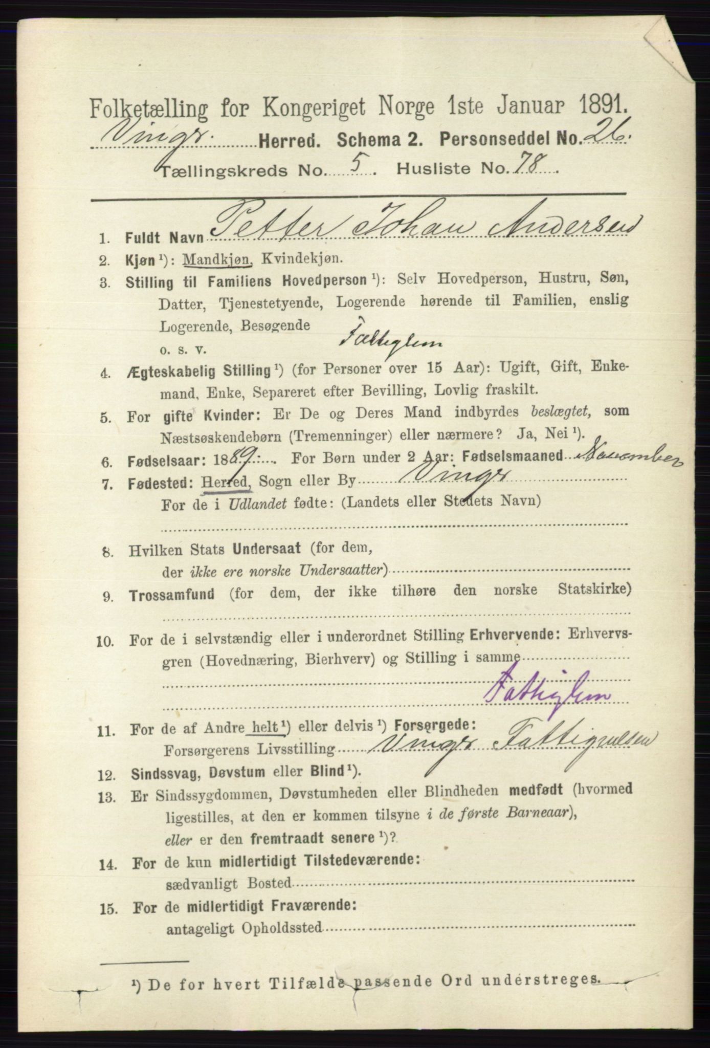 RA, 1891 census for 0421 Vinger, 1891, p. 2501