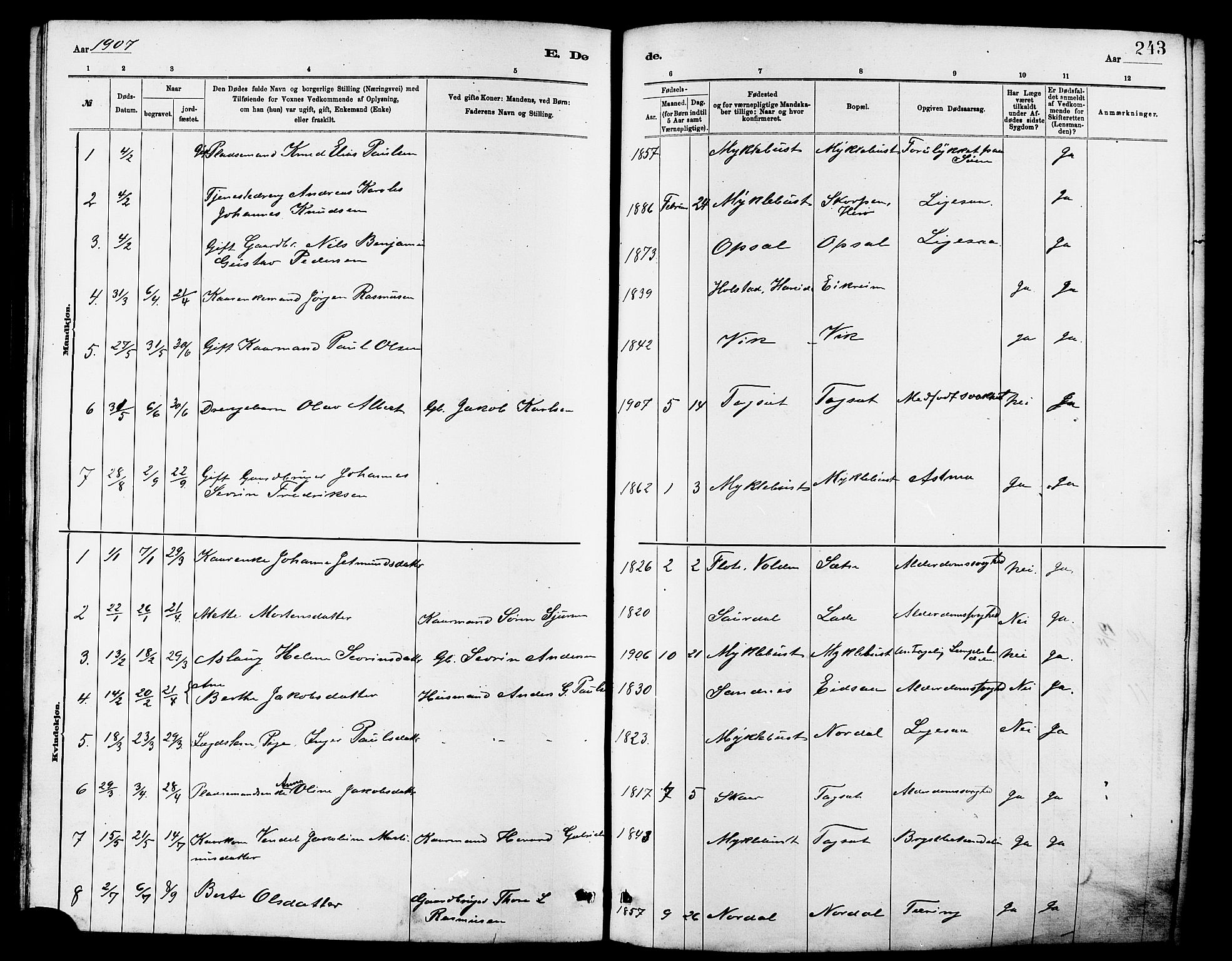 Ministerialprotokoller, klokkerbøker og fødselsregistre - Møre og Romsdal, AV/SAT-A-1454/502/L0027: Parish register (copy) no. 502C01, 1878-1908, p. 243