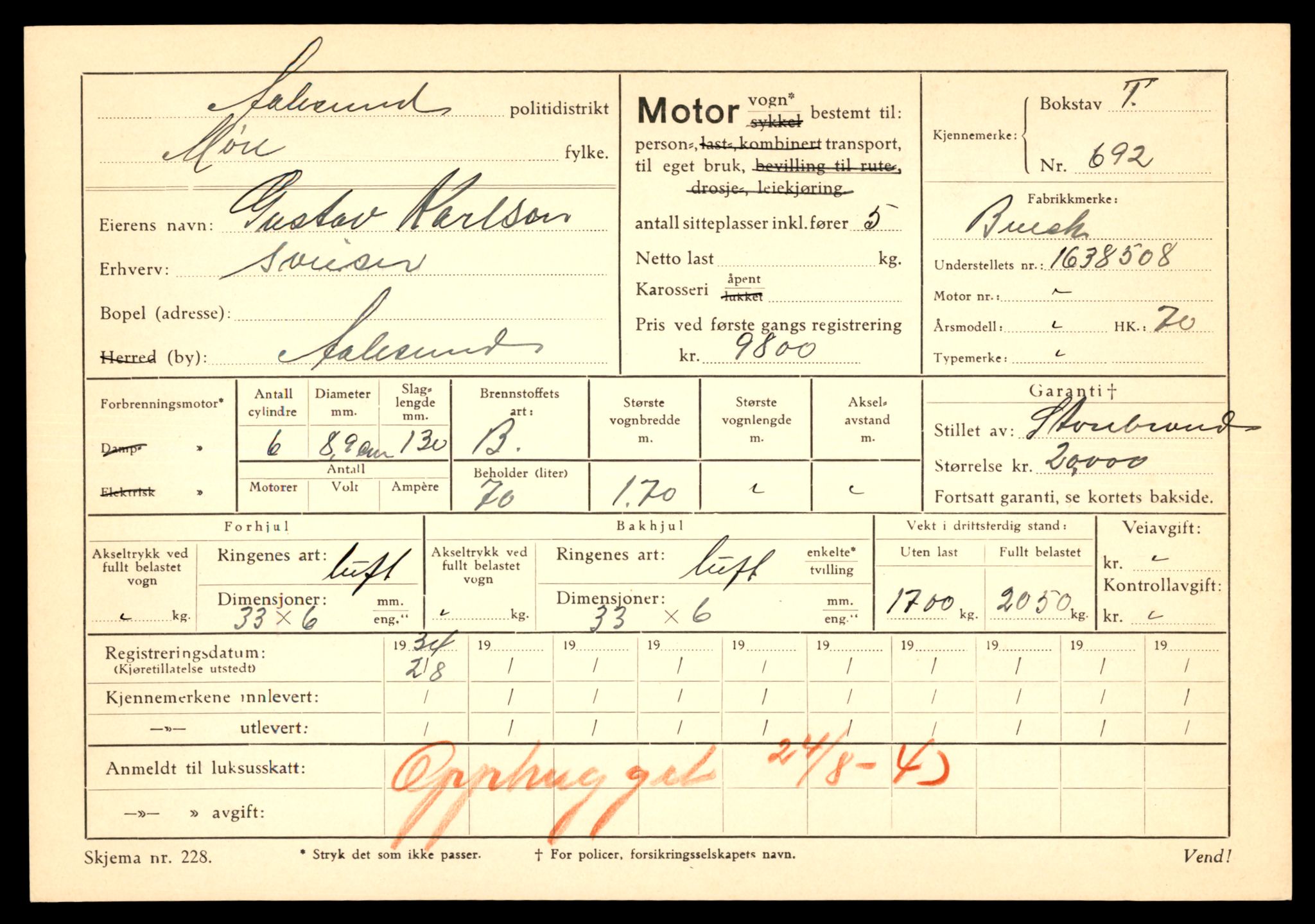 Møre og Romsdal vegkontor - Ålesund trafikkstasjon, SAT/A-4099/F/Fe/L0007: Registreringskort for kjøretøy T 651 - T 746, 1927-1998, p. 1365