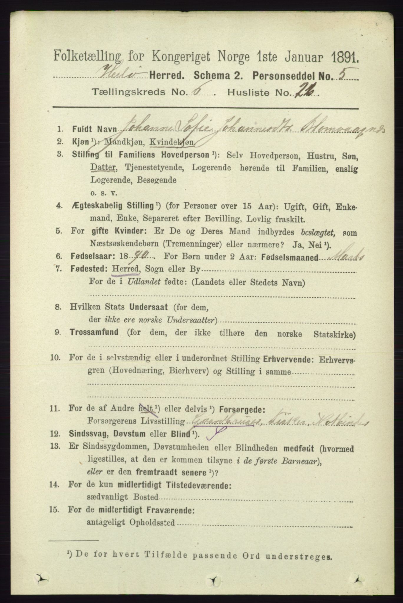 RA, 1891 census for 1258 Herdla, 1891, p. 2806