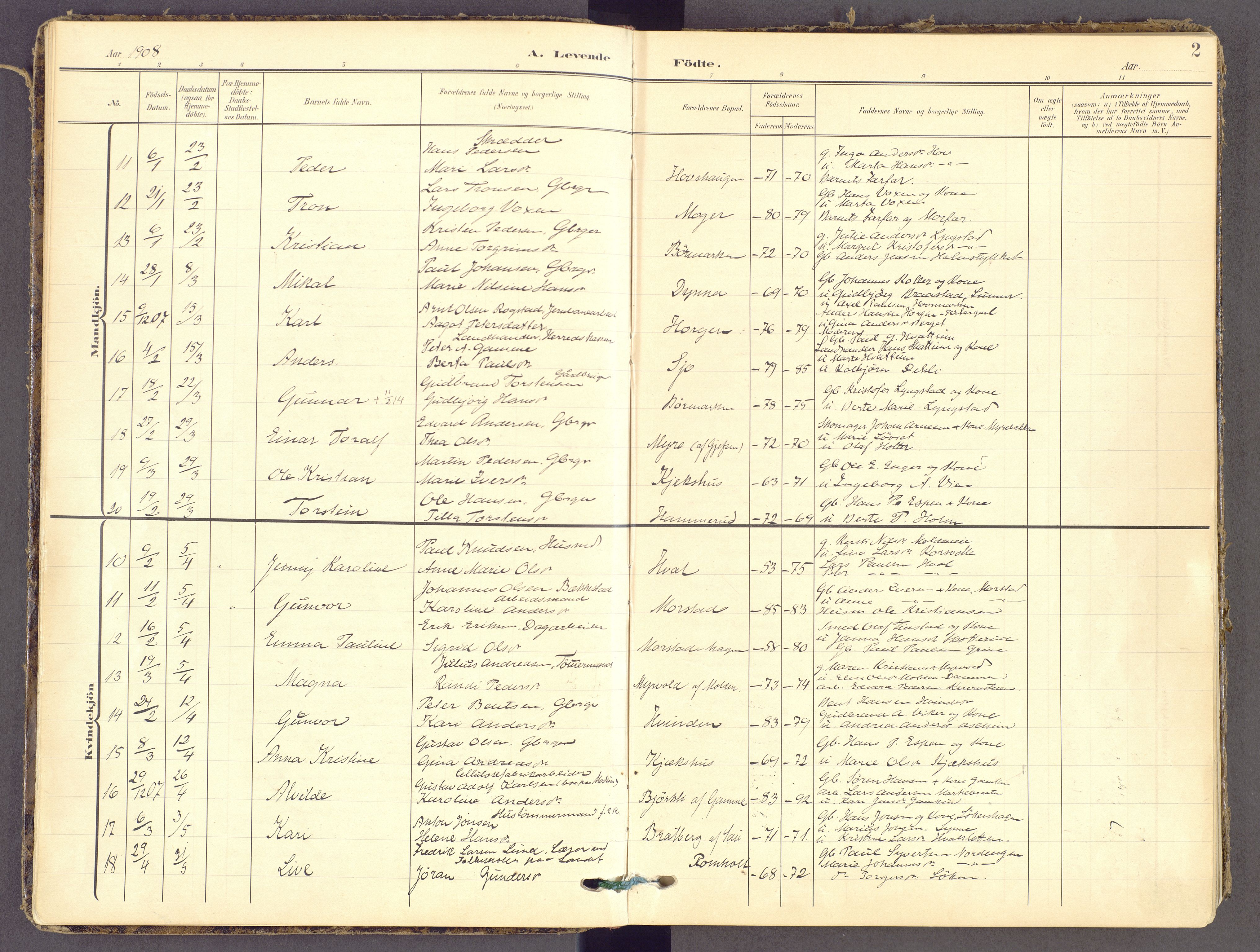 Gran prestekontor, SAH/PREST-112/H/Ha/Haa/L0021: Parish register (official) no. 21, 1908-1932, p. 2