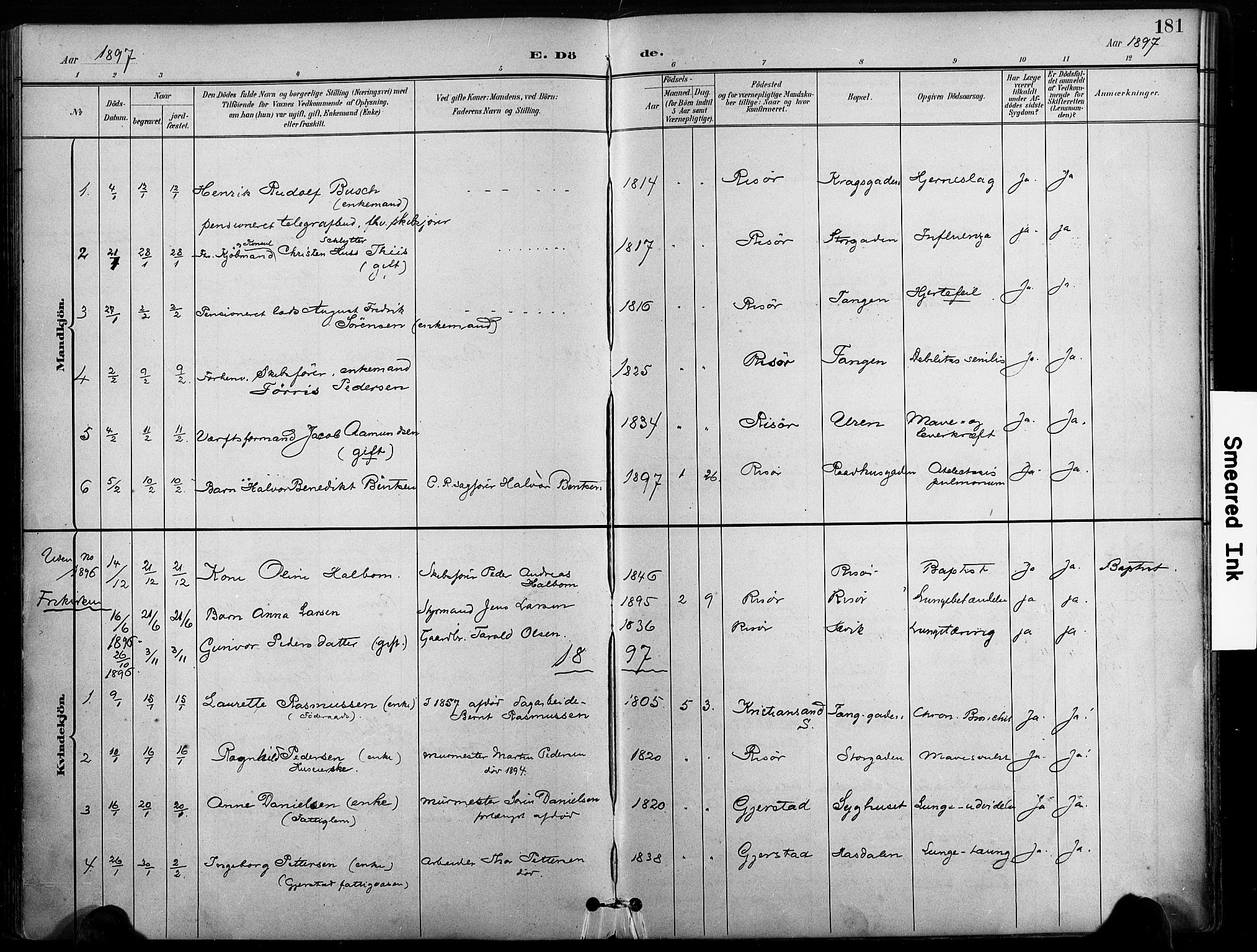 Risør sokneprestkontor, AV/SAK-1111-0035/F/Fa/L0010: Parish register (official) no. A 10, 1896-1906, p. 181