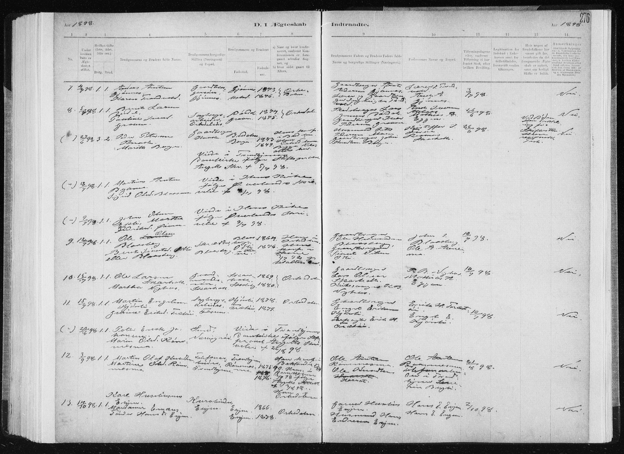 Ministerialprotokoller, klokkerbøker og fødselsregistre - Sør-Trøndelag, SAT/A-1456/668/L0818: Parish register (copy) no. 668C07, 1885-1898, p. 276