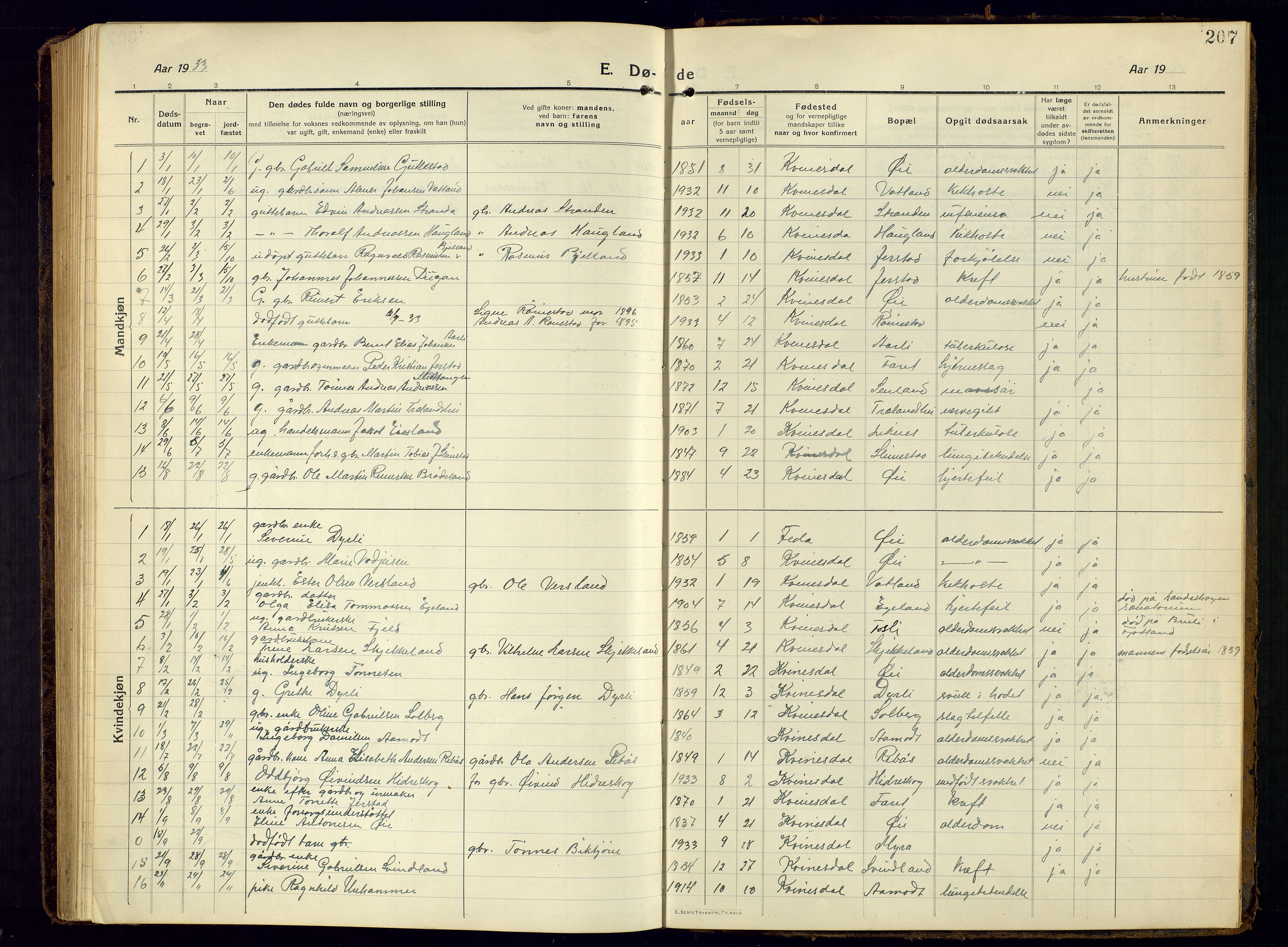 Kvinesdal sokneprestkontor, AV/SAK-1111-0026/F/Fb/Fbb/L0004: Parish register (copy) no. B 4, 1917-1938, p. 207