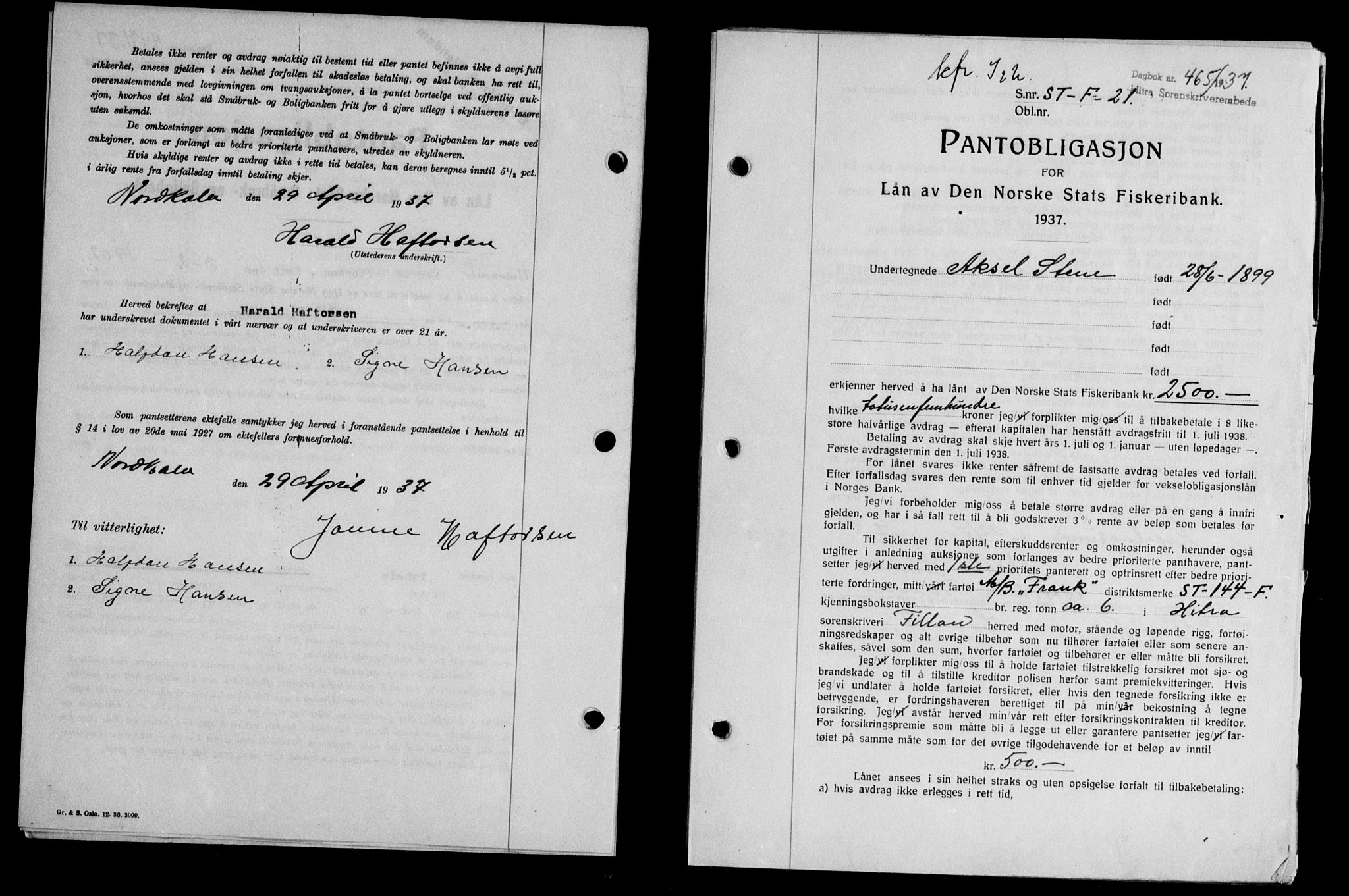 Hitra sorenskriveri, AV/SAT-A-0018/2/2C/2Ca/L0028: Mortgage book no. B-1, 1936-1939, Diary no: : 465/1937