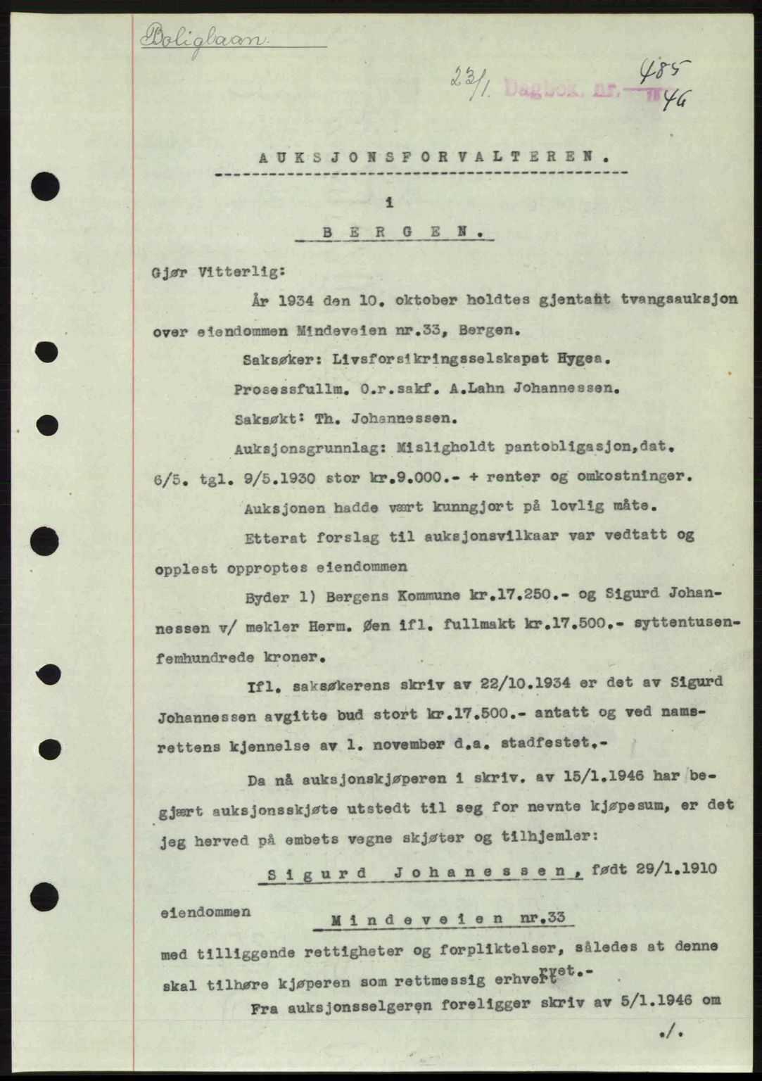 Byfogd og Byskriver i Bergen, AV/SAB-A-3401/03/03Bc/L0022: Mortgage book no. A18, 1946-1946, Diary no: : 485/1946